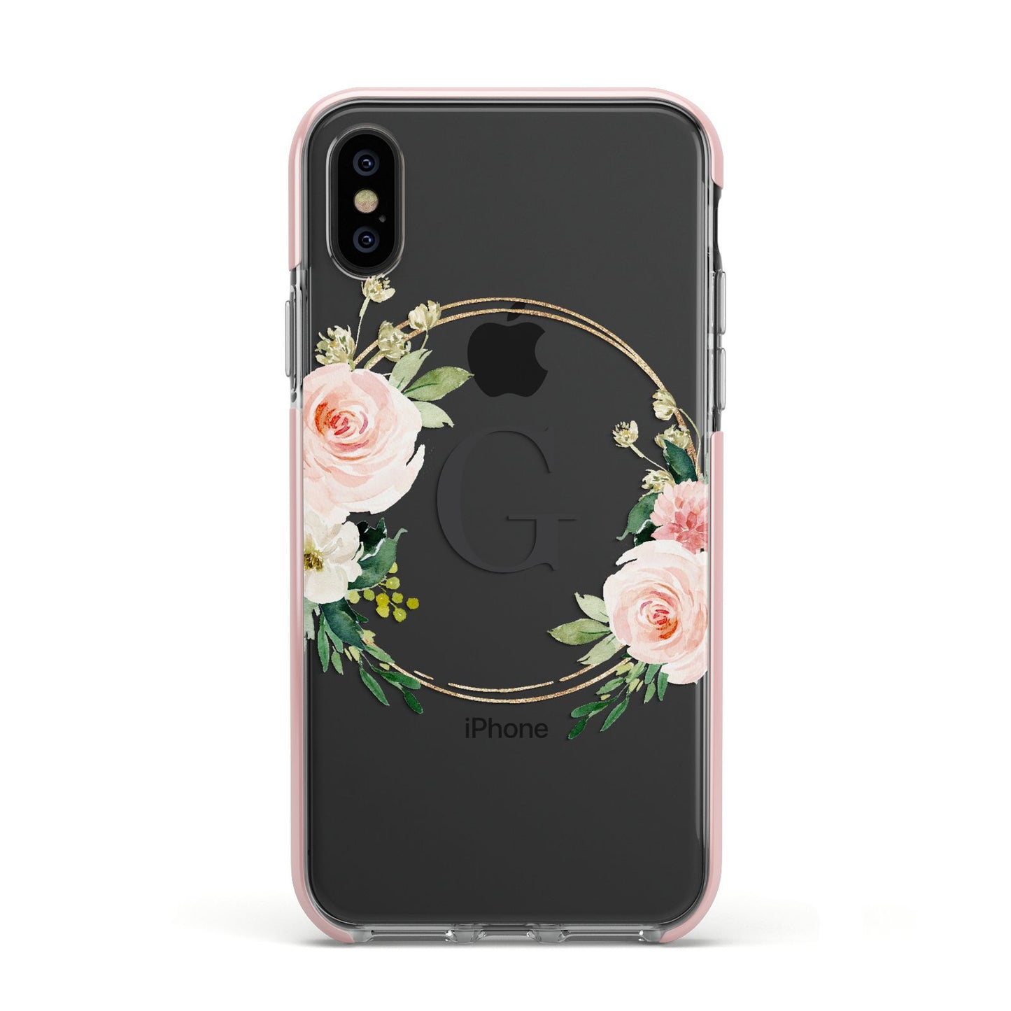 Personalised Blush Floral Wreath Apple iPhone Xs Impact Case Pink Edge on Black Phone