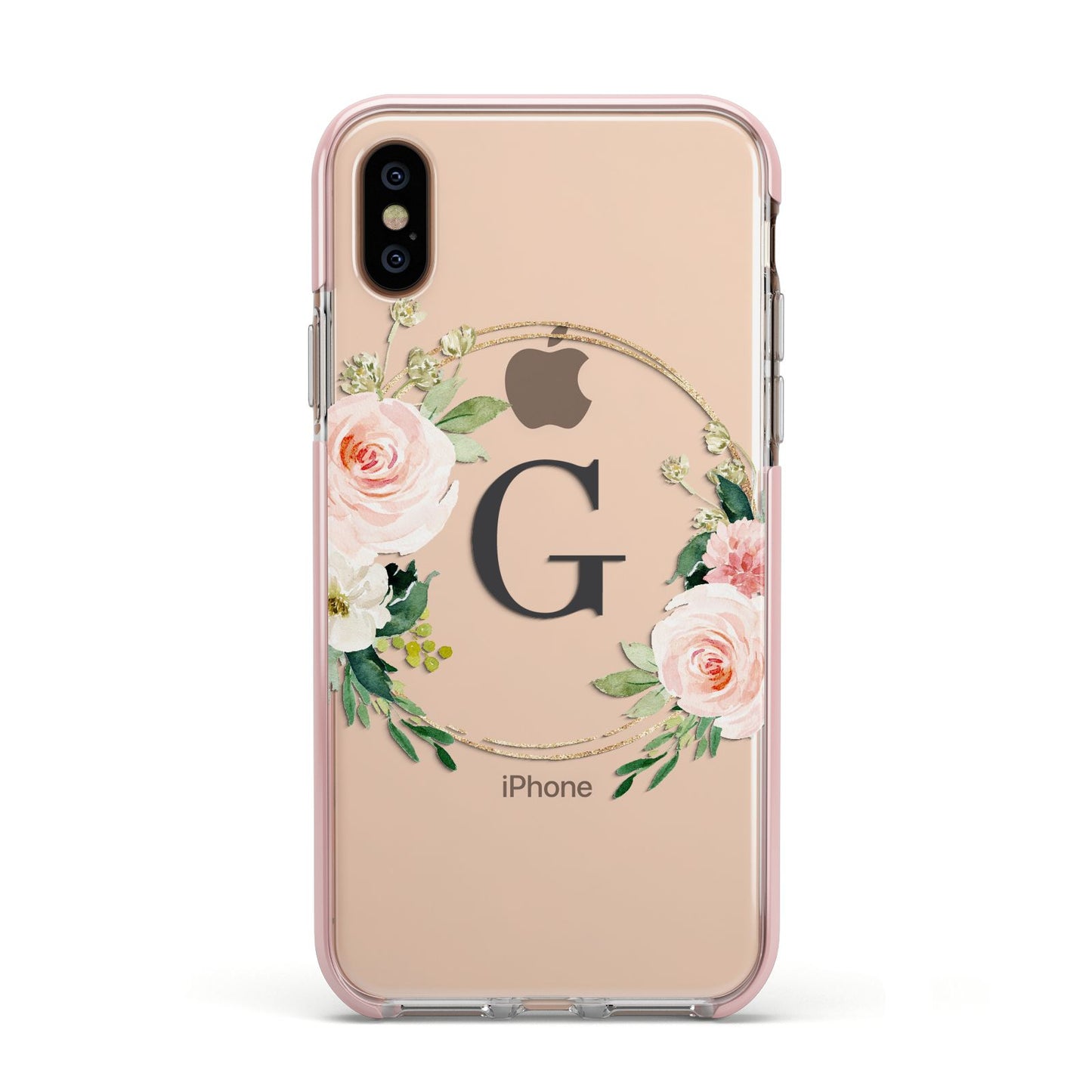 Personalised Blush Floral Wreath Apple iPhone Xs Impact Case Pink Edge on Gold Phone
