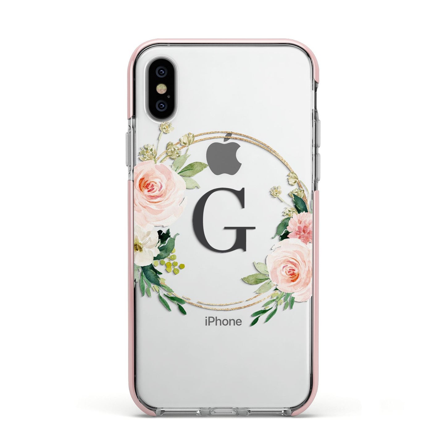 Personalised Blush Floral Wreath Apple iPhone Xs Impact Case Pink Edge on Silver Phone