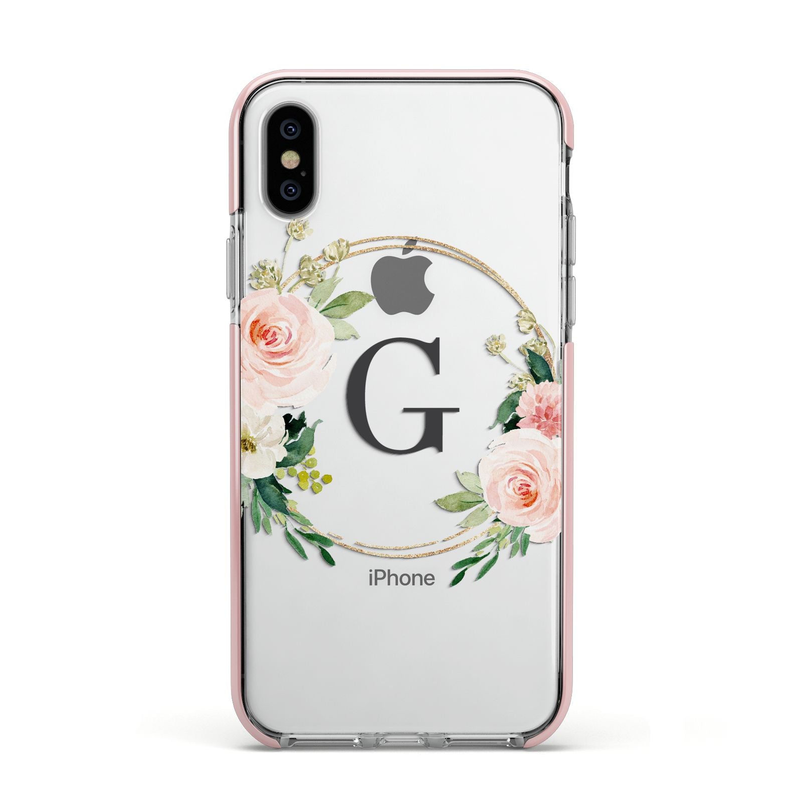 Personalised Blush Floral Wreath Apple iPhone Xs Impact Case Pink Edge on Silver Phone