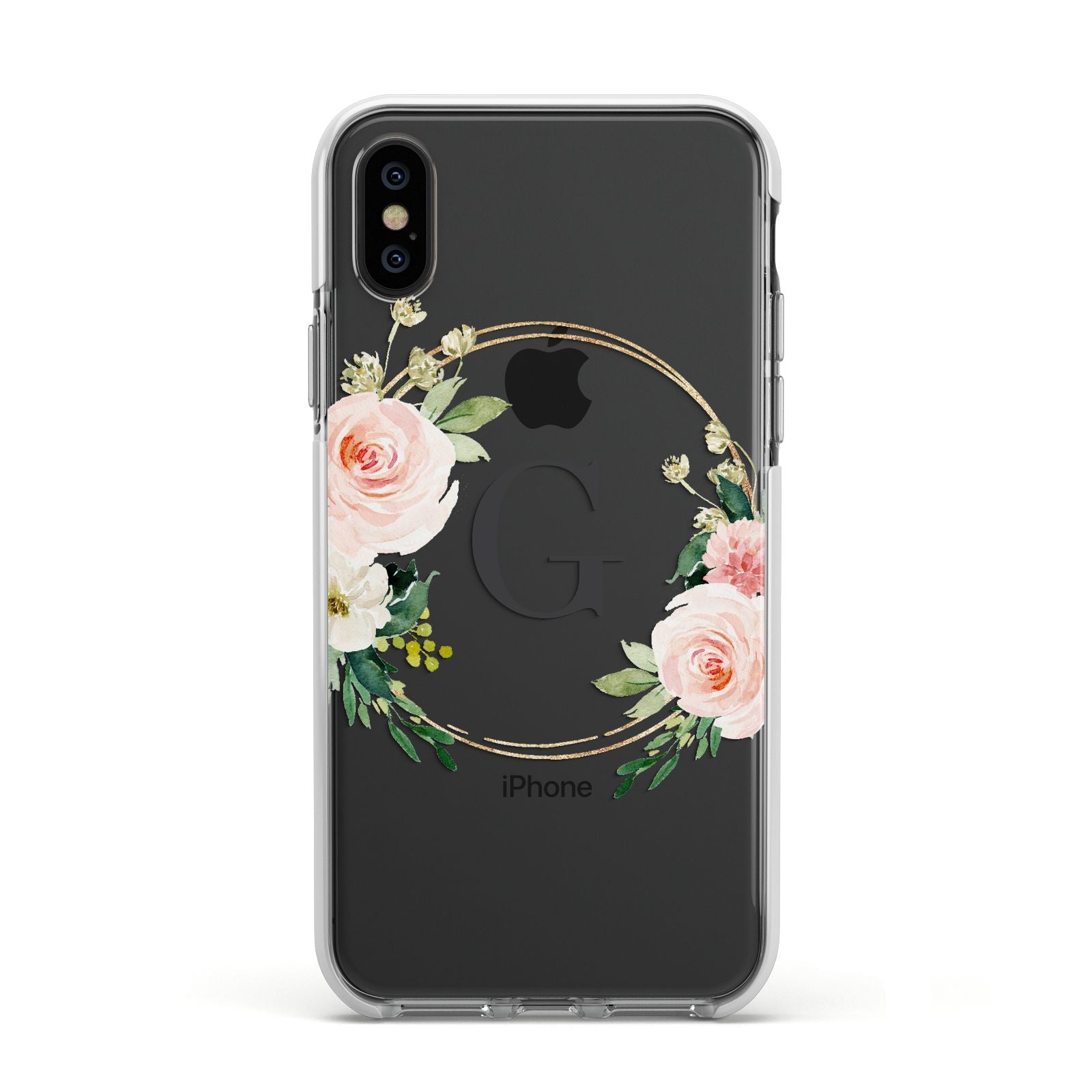 Personalised Blush Floral Wreath Apple iPhone Xs Impact Case White Edge on Black Phone