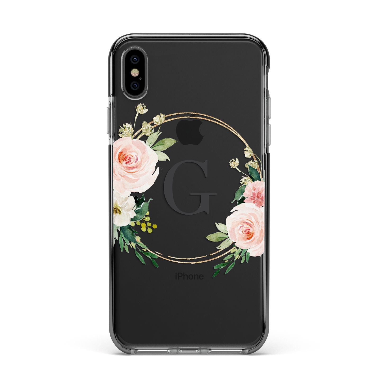 Personalised Blush Floral Wreath Apple iPhone Xs Max Impact Case Black Edge on Black Phone