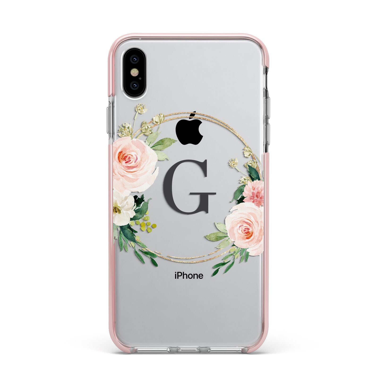 Personalised Blush Floral Wreath Apple iPhone Xs Max Impact Case Pink Edge on Silver Phone
