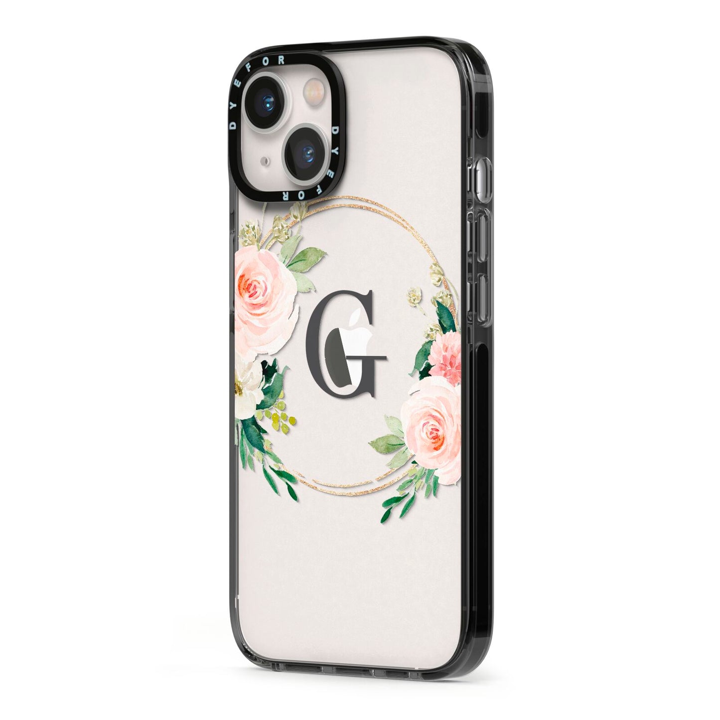 Personalised Blush Floral Wreath iPhone 13 Black Impact Case Side Angle on Silver phone