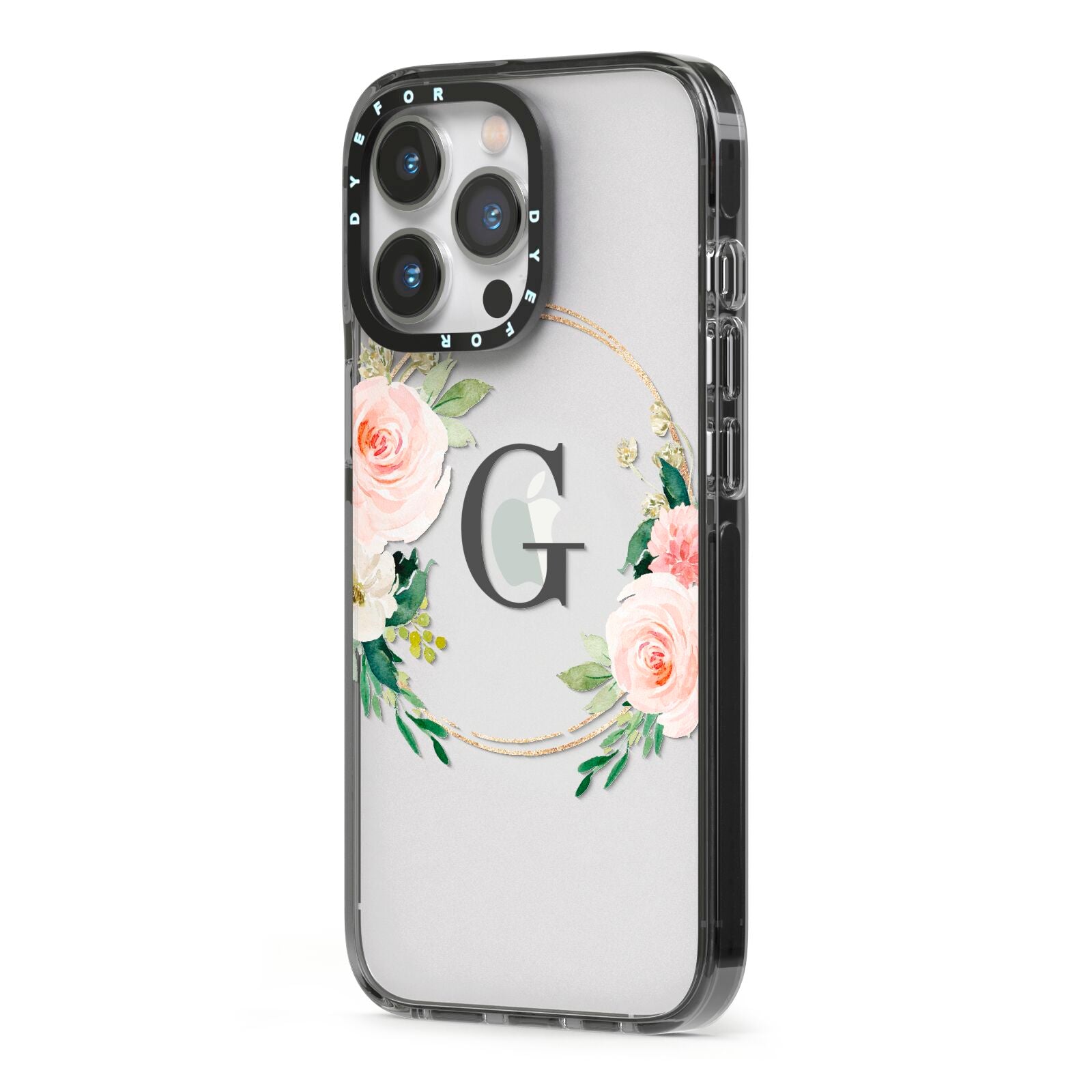 Personalised Blush Floral Wreath iPhone 13 Pro Black Impact Case Side Angle on Silver phone