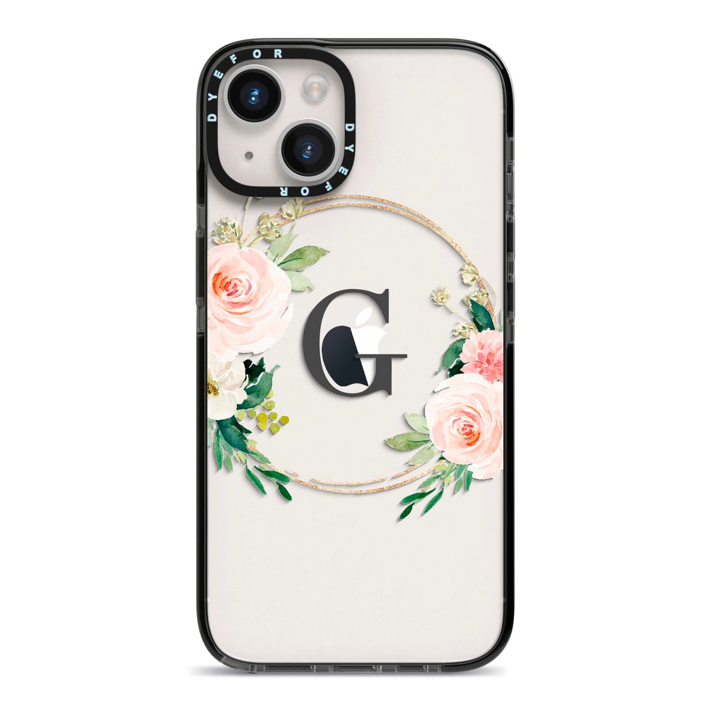 Personalised Blush Floral Wreath iPhone 14 Black Impact Case on Silver phone