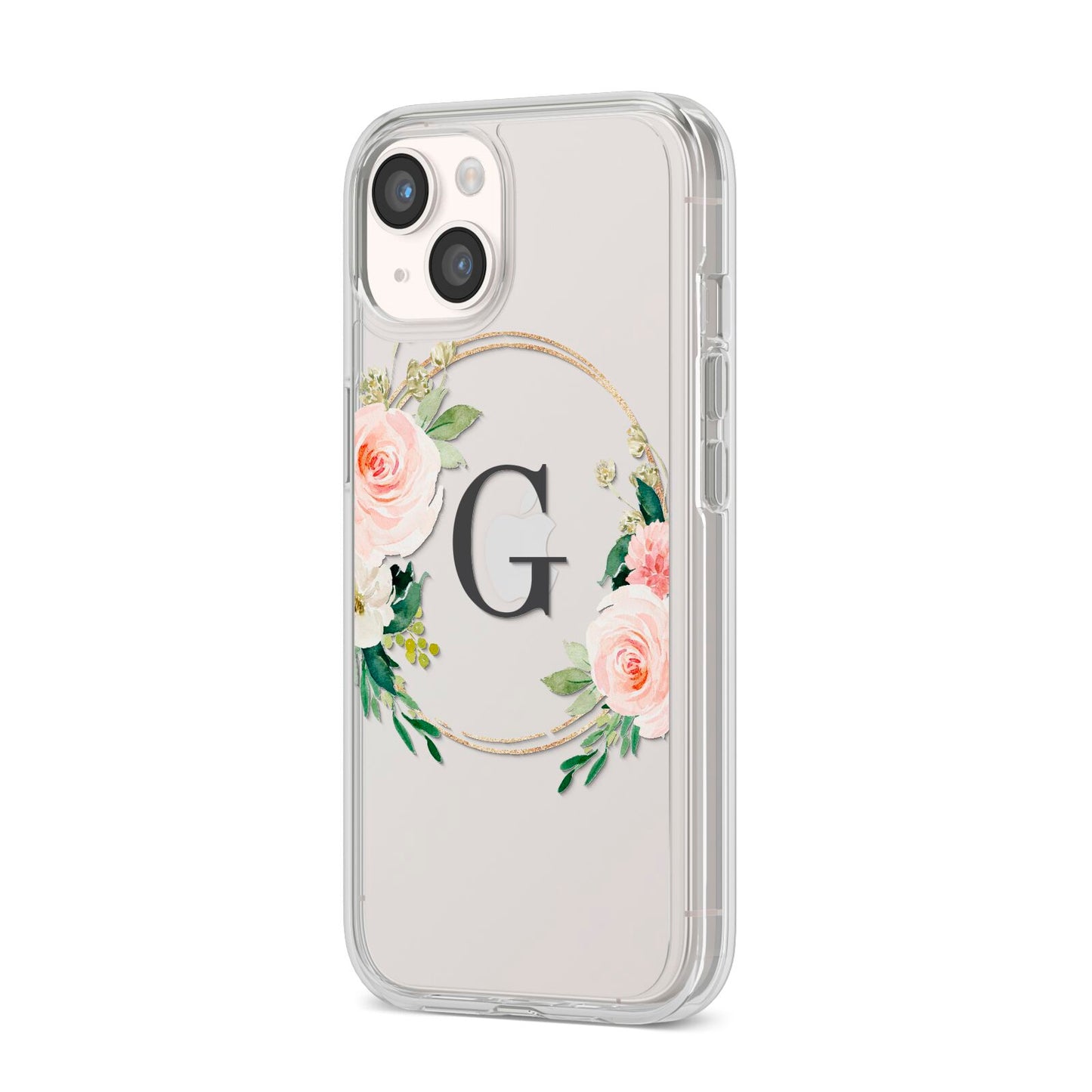 Personalised Blush Floral Wreath iPhone 14 Clear Tough Case Starlight Angled Image