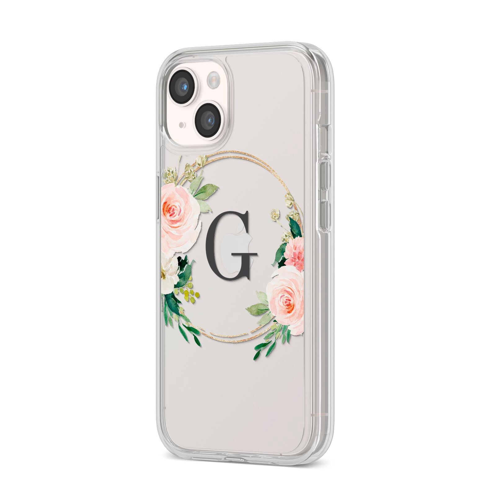 Personalised Blush Floral Wreath iPhone 14 Clear Tough Case Starlight Angled Image