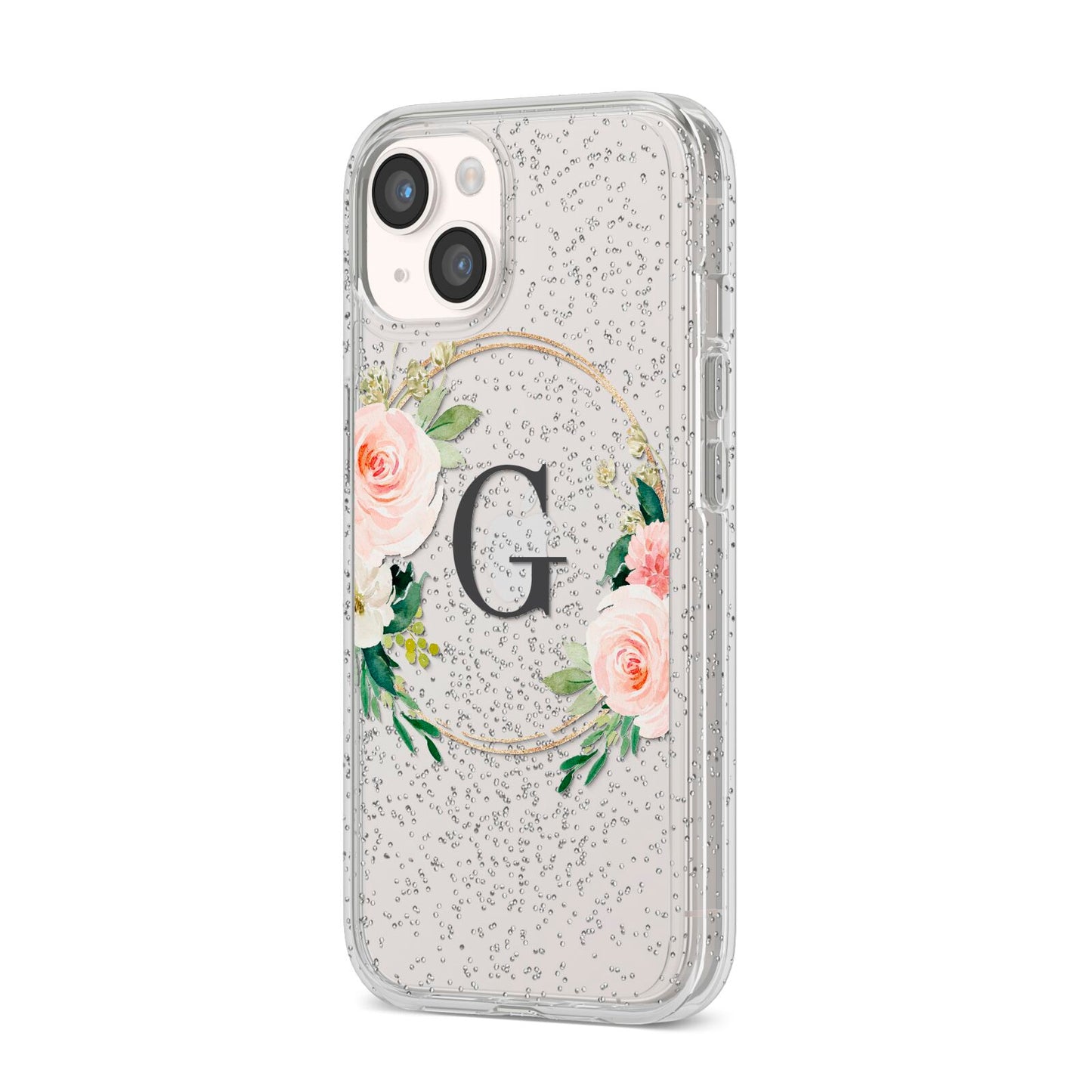 Personalised Blush Floral Wreath iPhone 14 Glitter Tough Case Starlight Angled Image