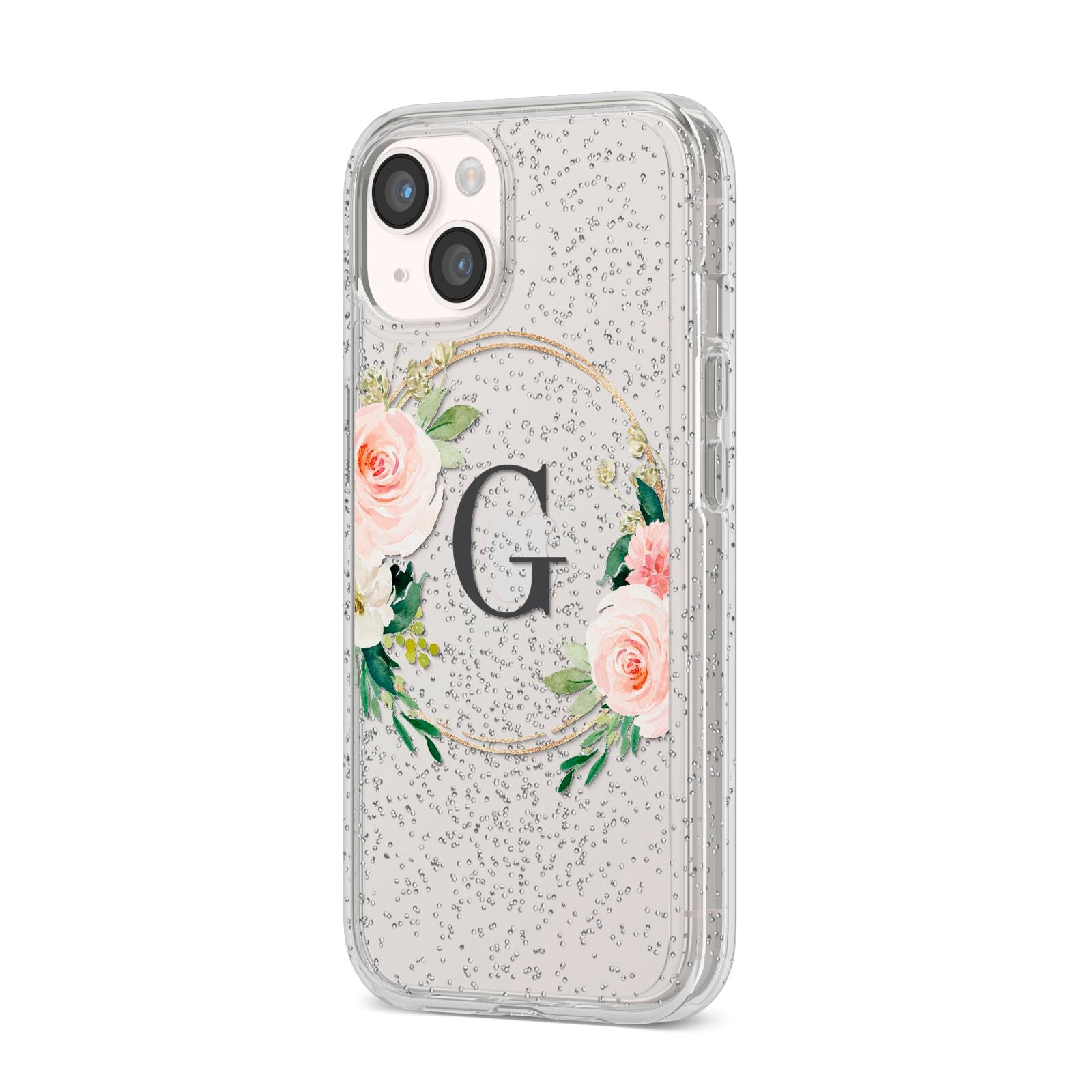 Personalised Blush Floral Wreath iPhone 14 Glitter Tough Case Starlight Angled Image