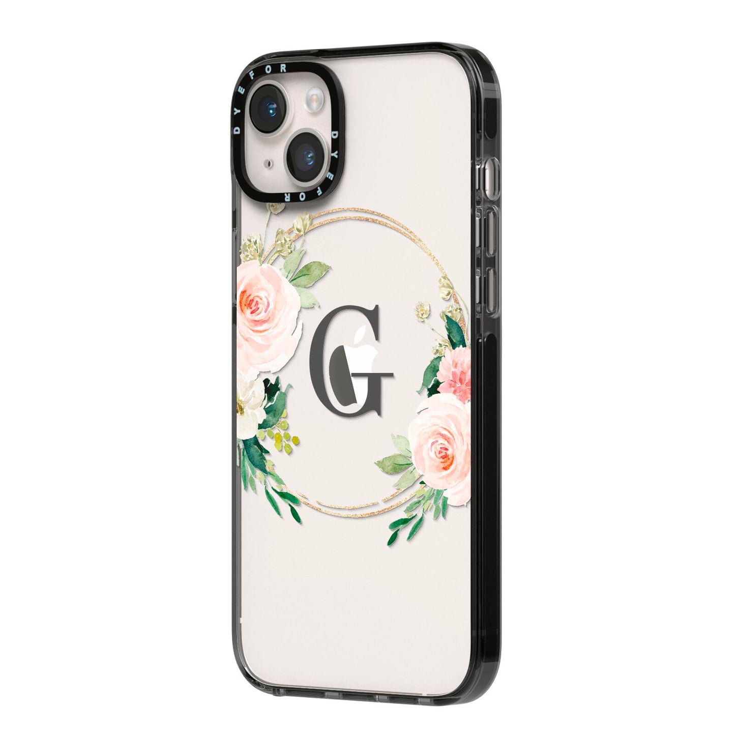 Personalised Blush Floral Wreath iPhone 14 Plus Black Impact Case Side Angle on Silver phone