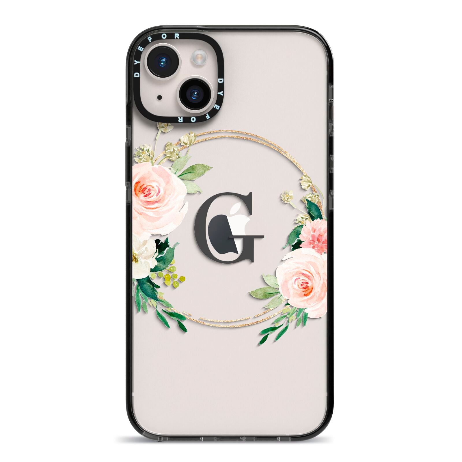Personalised Blush Floral Wreath iPhone 14 Plus Black Impact Case on Silver phone