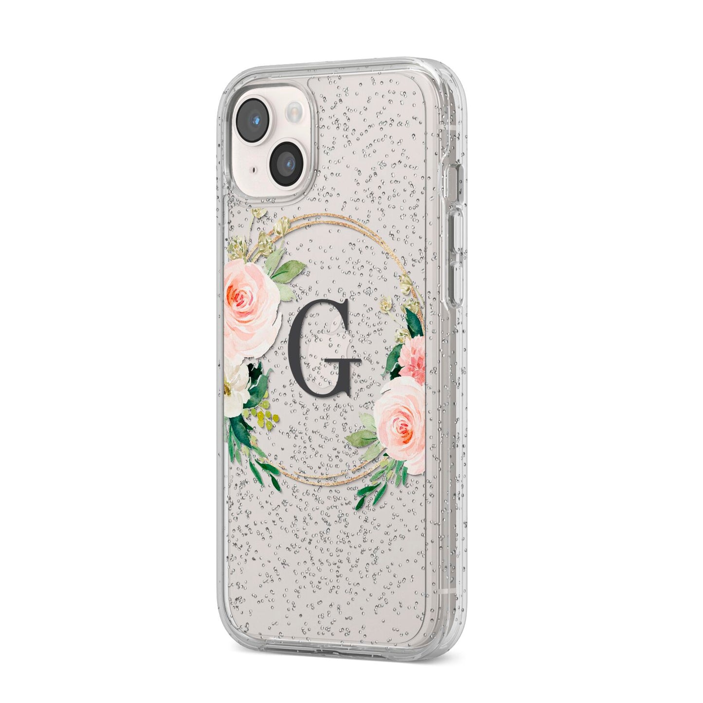 Personalised Blush Floral Wreath iPhone 14 Plus Glitter Tough Case Starlight Angled Image