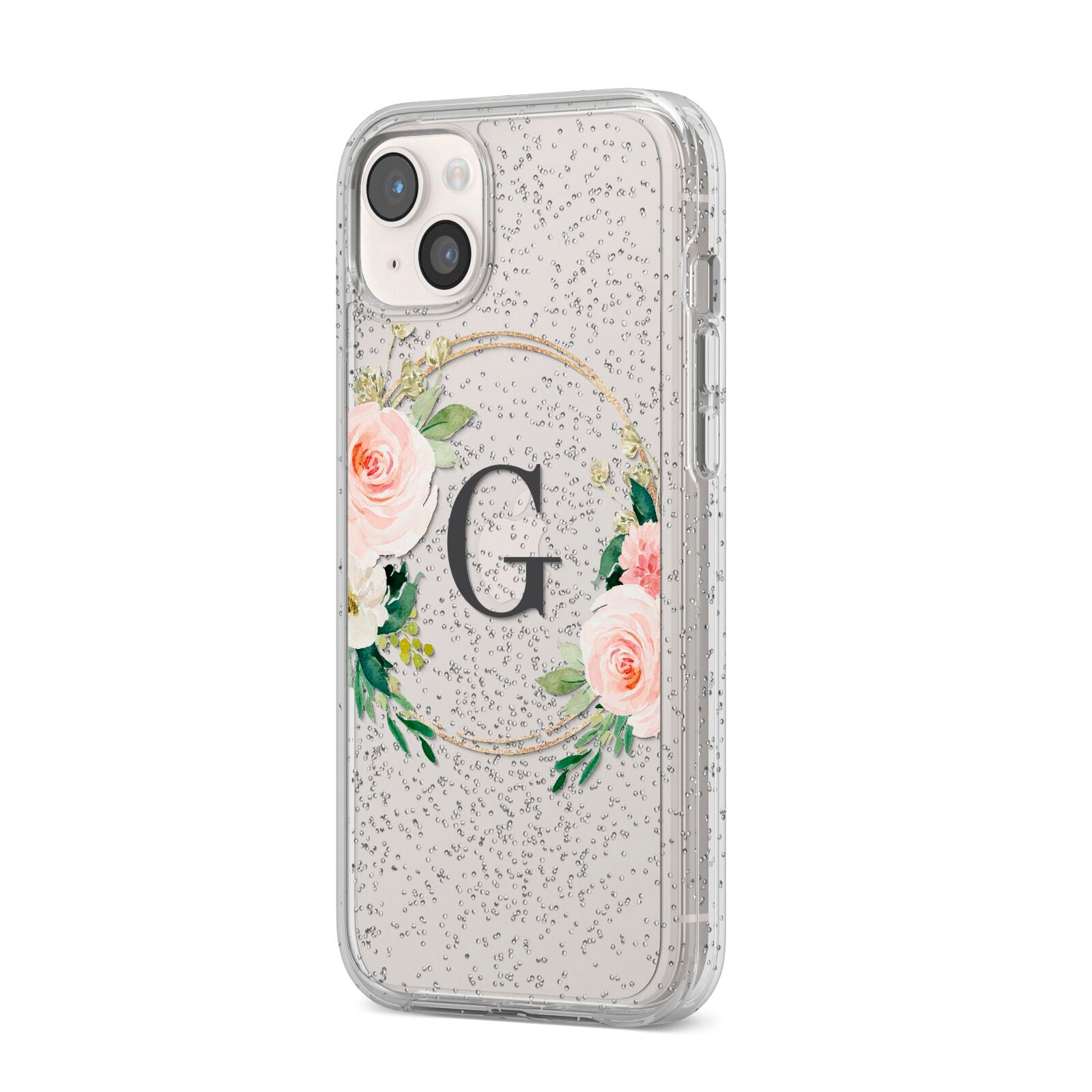 Personalised Blush Floral Wreath iPhone 14 Plus Glitter Tough Case Starlight Angled Image