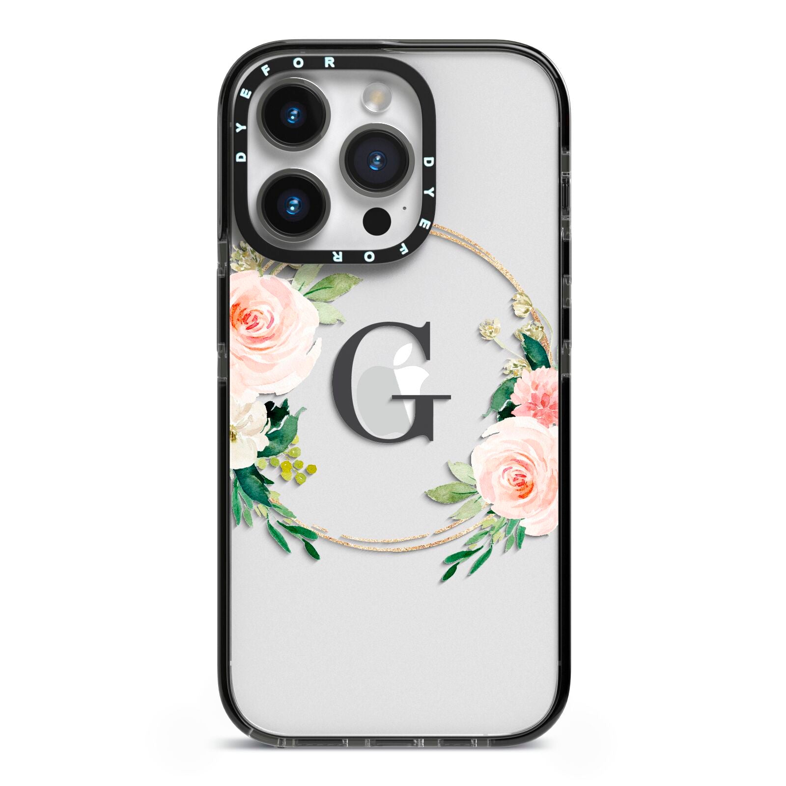 Personalised Blush Floral Wreath iPhone 14 Pro Black Impact Case on Silver phone