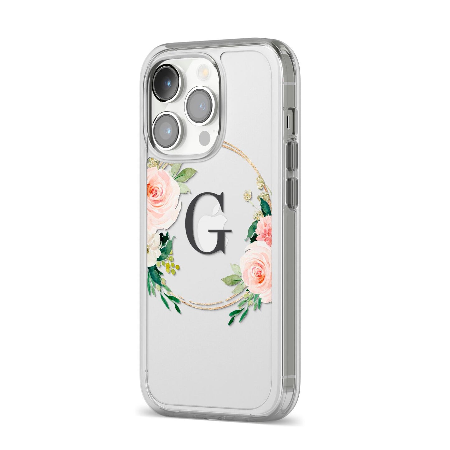 Personalised Blush Floral Wreath iPhone 14 Pro Clear Tough Case Silver Angled Image