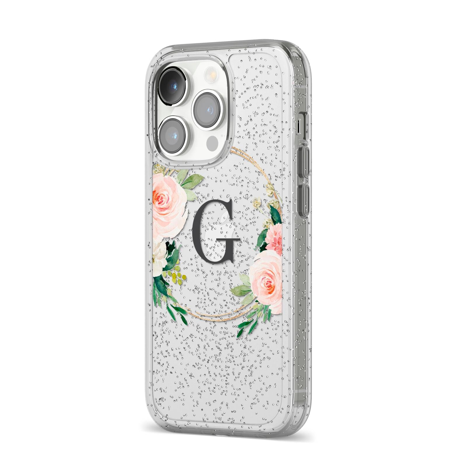 Personalised Blush Floral Wreath iPhone 14 Pro Glitter Tough Case Silver Angled Image