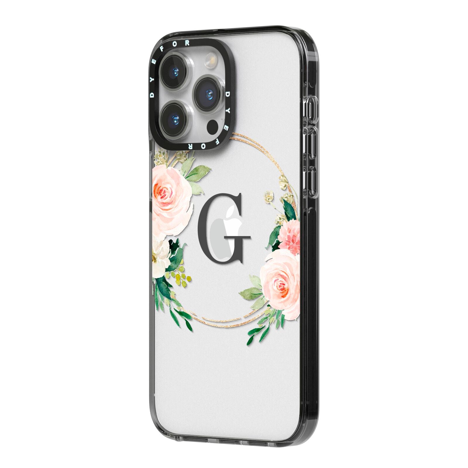 Personalised Blush Floral Wreath iPhone 14 Pro Max Black Impact Case Side Angle on Silver phone