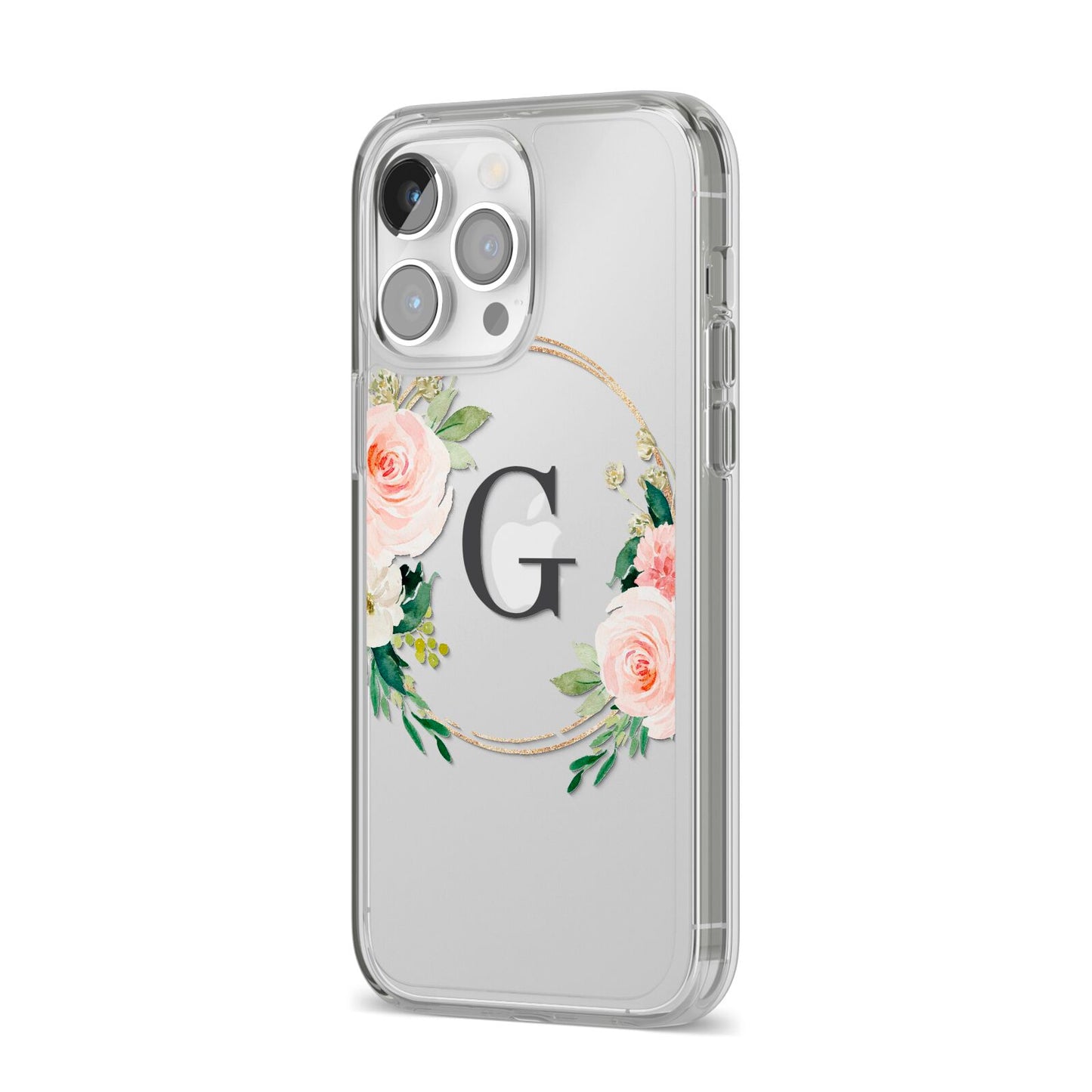 Personalised Blush Floral Wreath iPhone 14 Pro Max Clear Tough Case Silver Angled Image