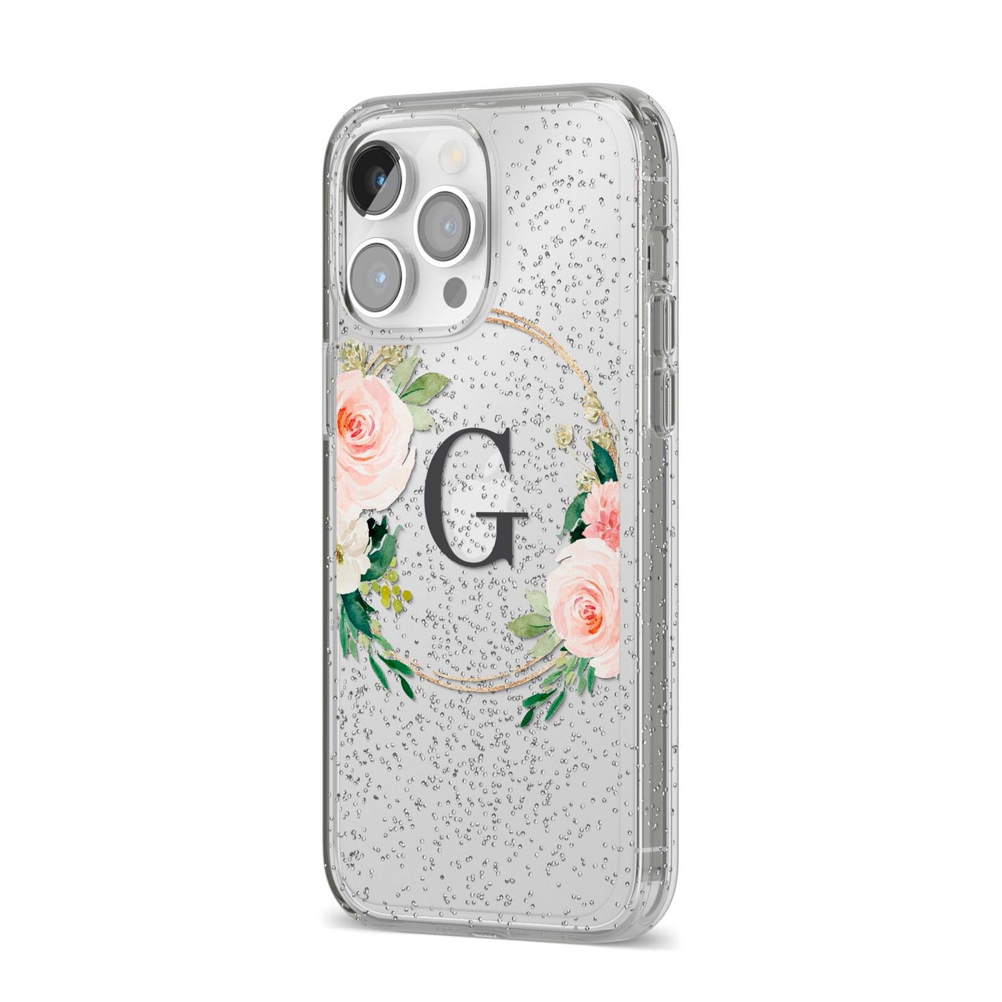 Personalised Blush Floral Wreath iPhone 14 Pro Max Glitter Tough Case Silver Angled Image