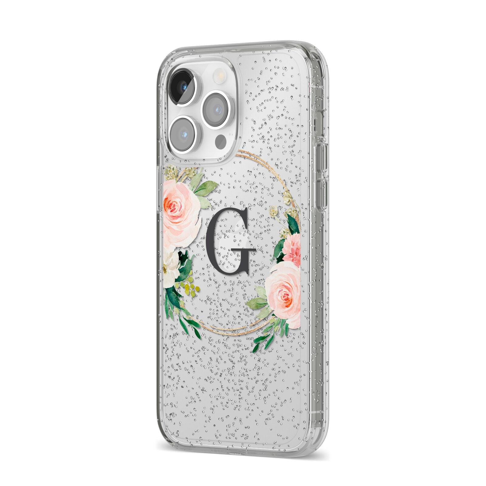 Personalised Blush Floral Wreath iPhone 14 Pro Max Glitter Tough Case Silver Angled Image