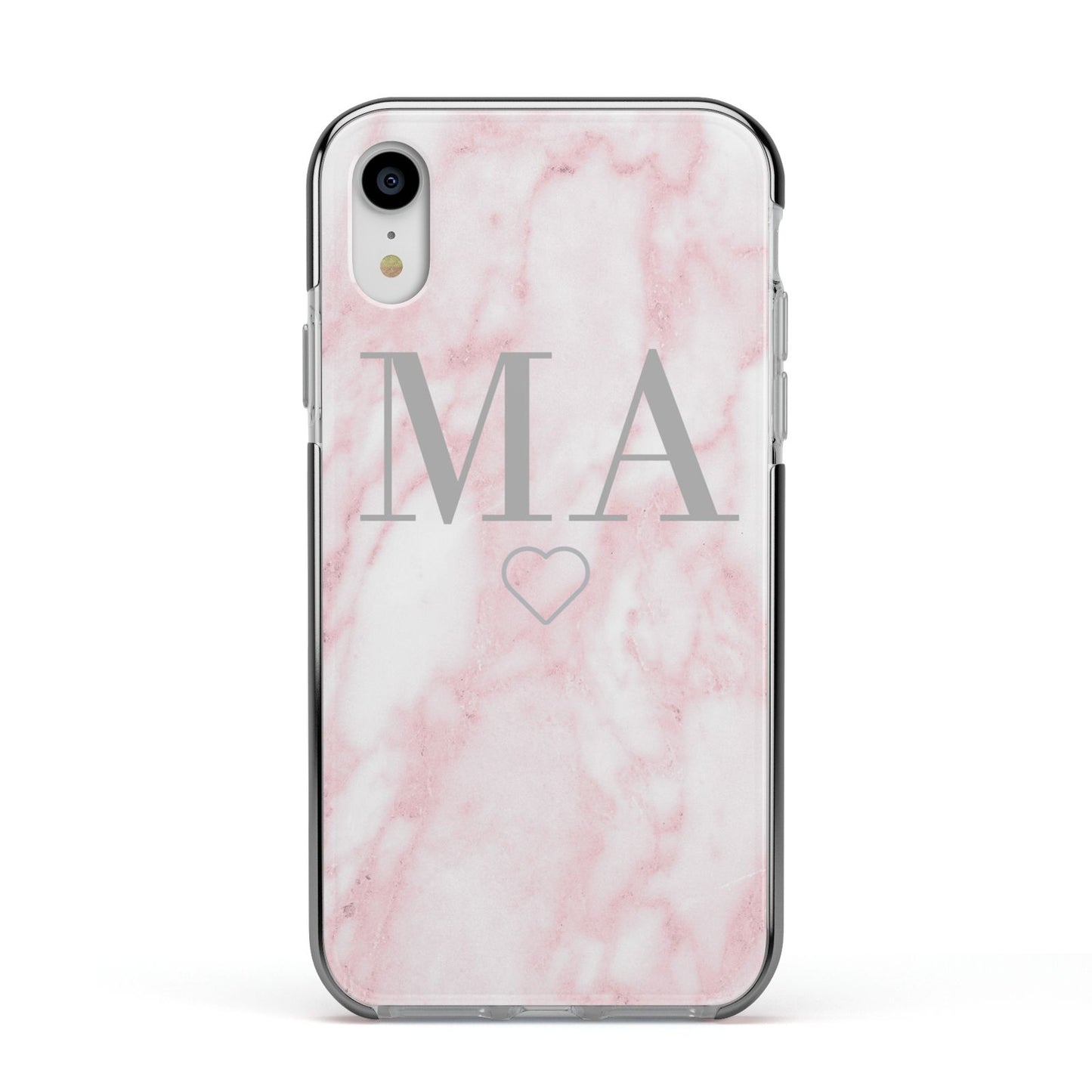 Personalised Blush Marble Initials Apple iPhone XR Impact Case Black Edge on Silver Phone