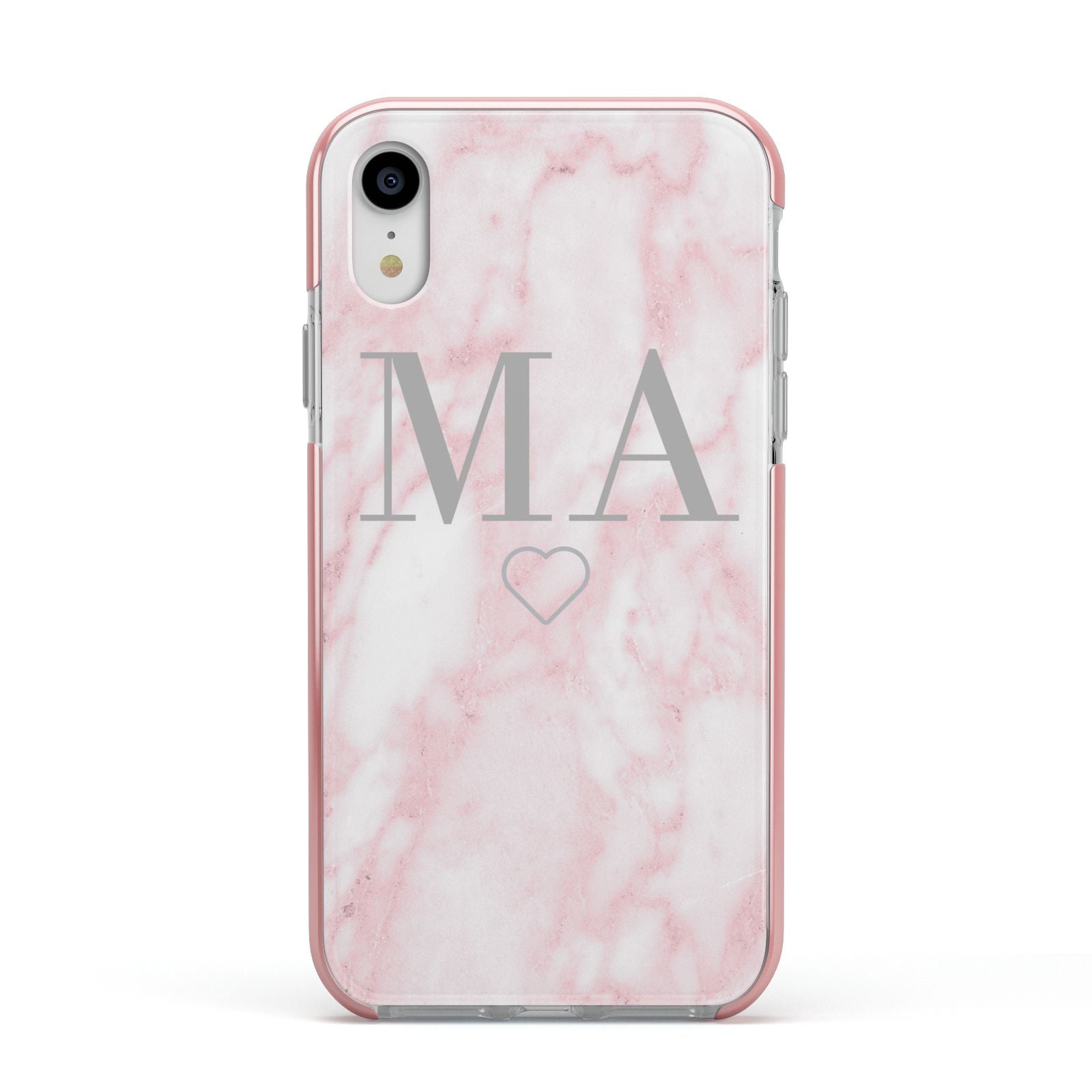 Personalised Blush Marble Initials Apple iPhone XR Impact Case Pink Edge on Silver Phone