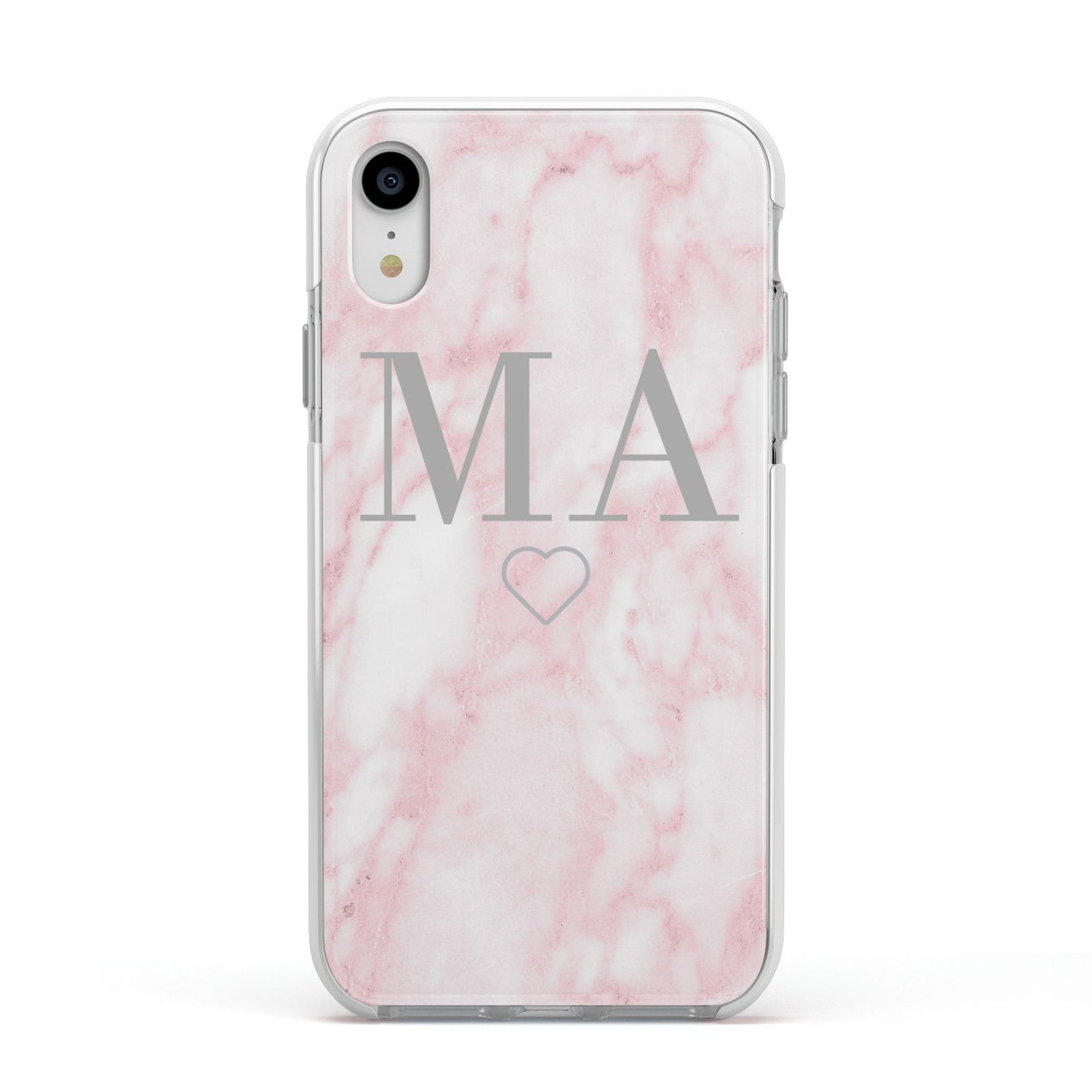 Personalised Blush Marble Initials Apple iPhone XR Impact Case White Edge on Silver Phone