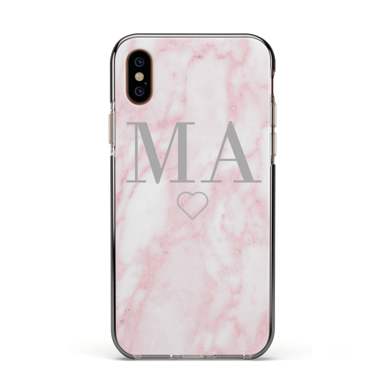 Personalised Blush Marble Initials Apple iPhone Xs Impact Case Black Edge on Gold Phone