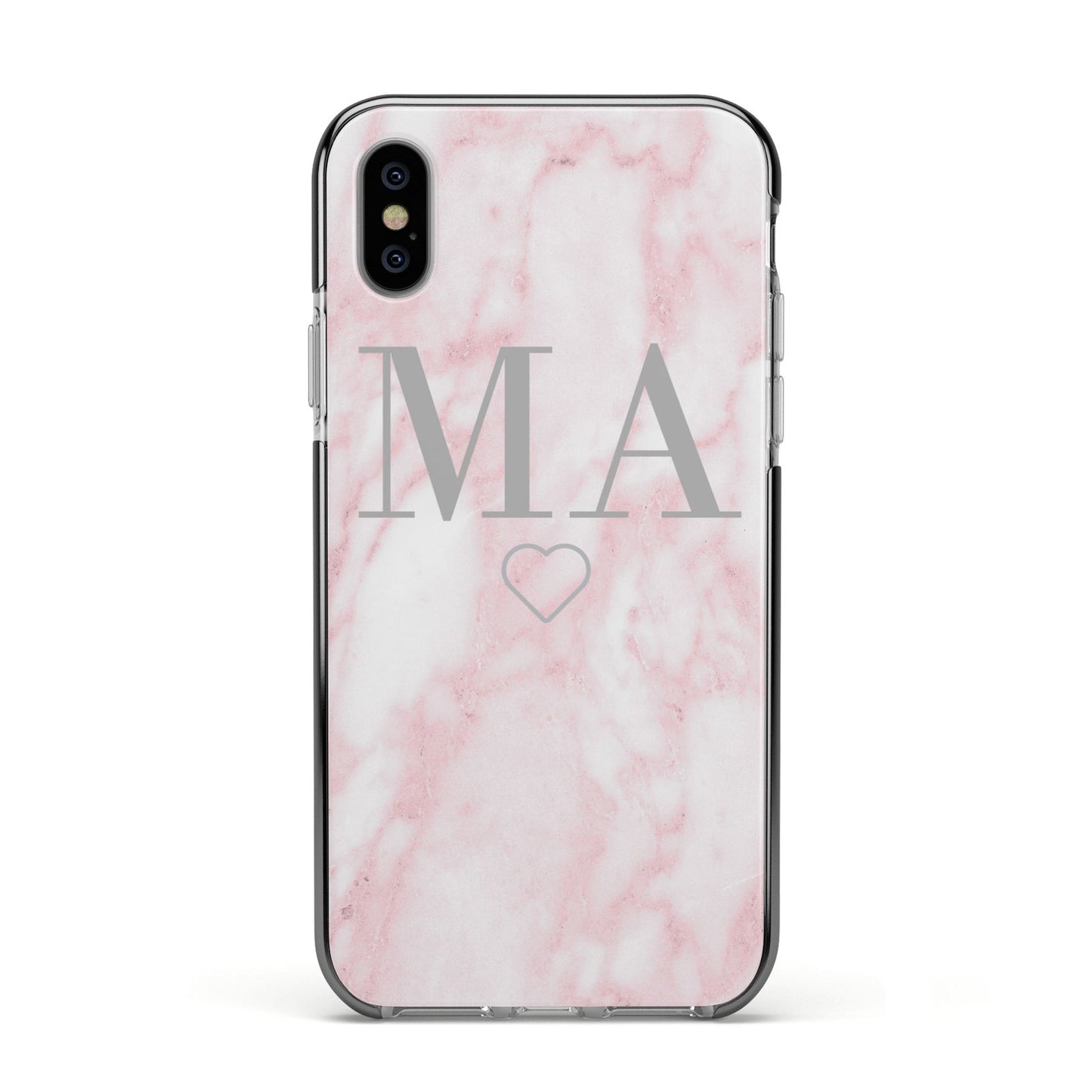Personalised Blush Marble Initials Apple iPhone Xs Impact Case Black Edge on Silver Phone