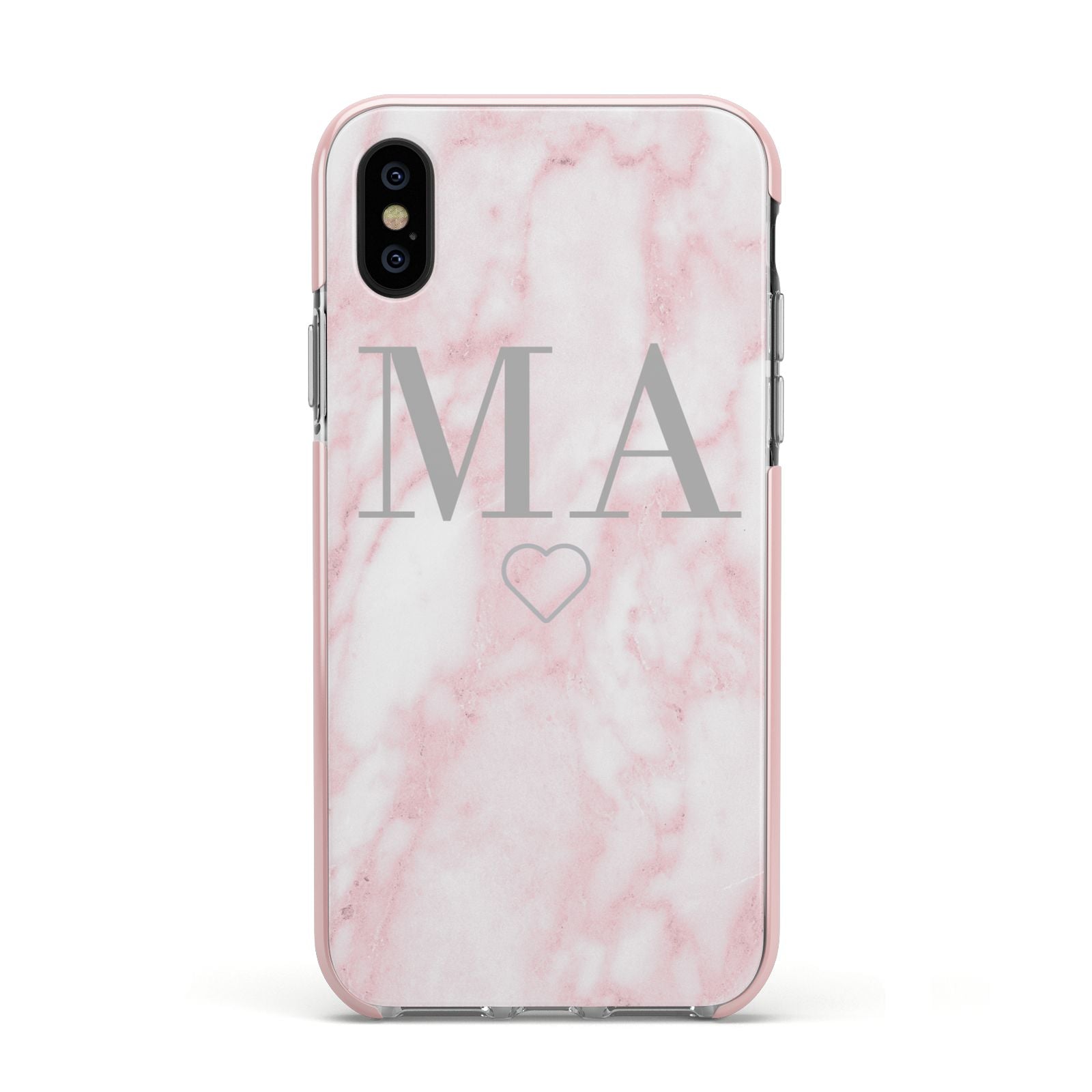 Personalised Blush Marble Initials Apple iPhone Xs Impact Case Pink Edge on Black Phone