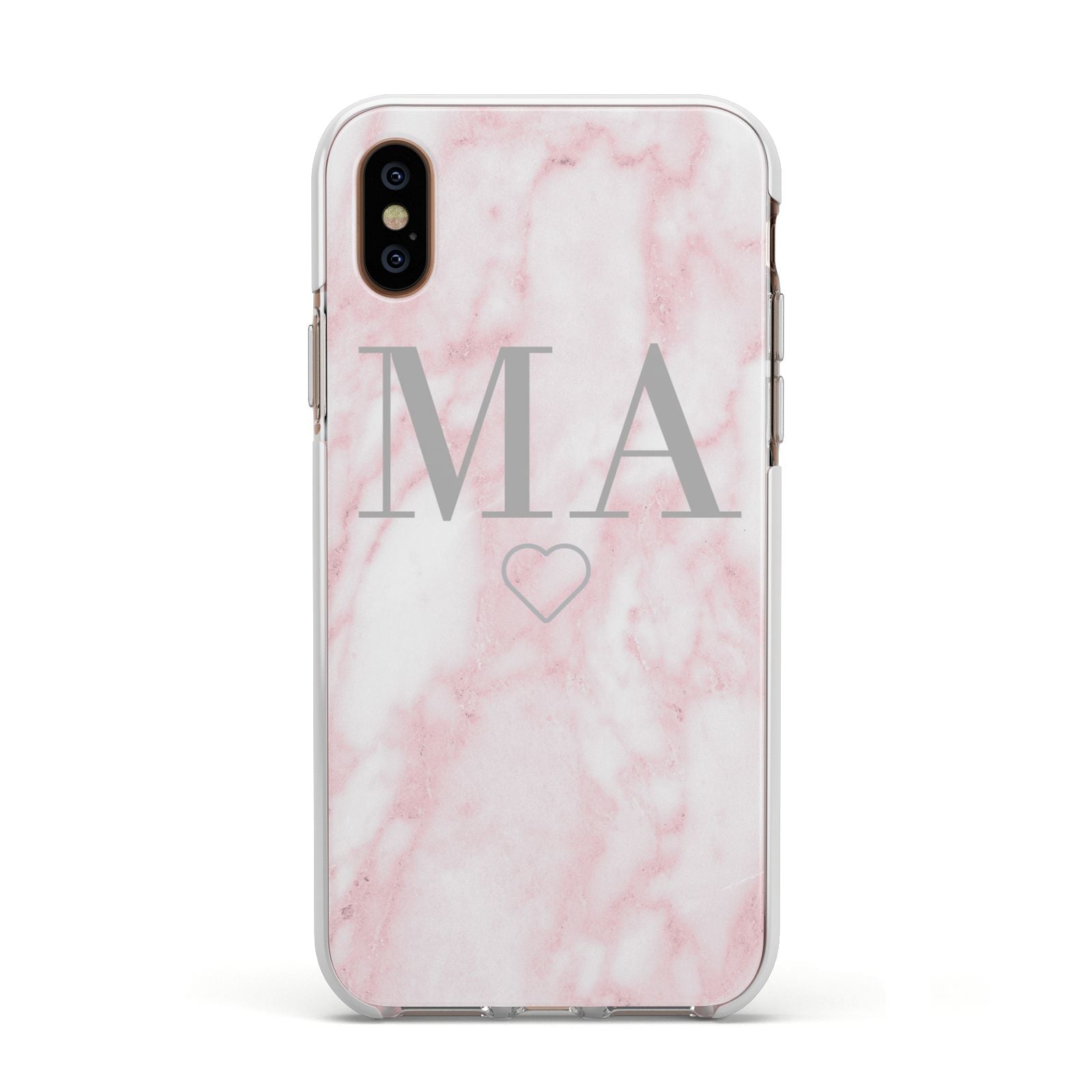 Personalised Blush Marble Initials Apple iPhone Xs Impact Case White Edge on Gold Phone