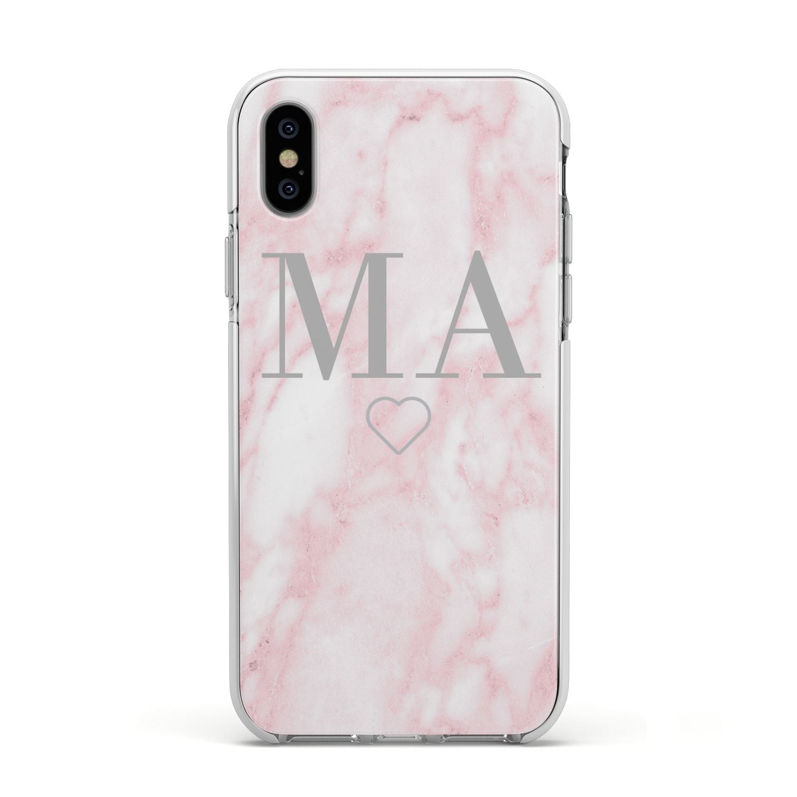 Personalised Blush Marble Initials Apple iPhone Xs Impact Case White Edge on Silver Phone