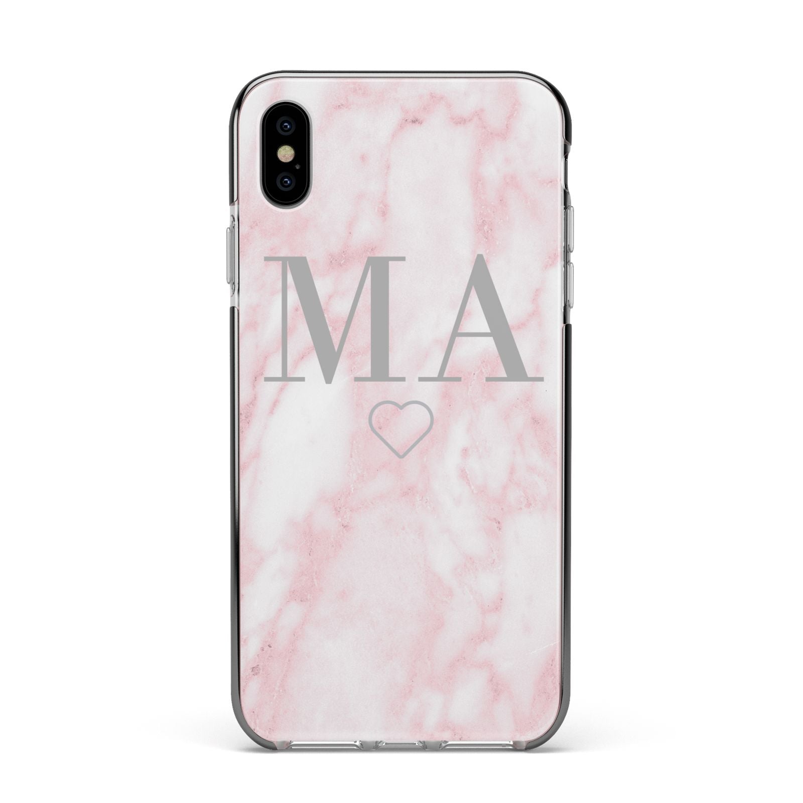 Personalised Blush Marble Initials Apple iPhone Xs Max Impact Case Black Edge on Silver Phone