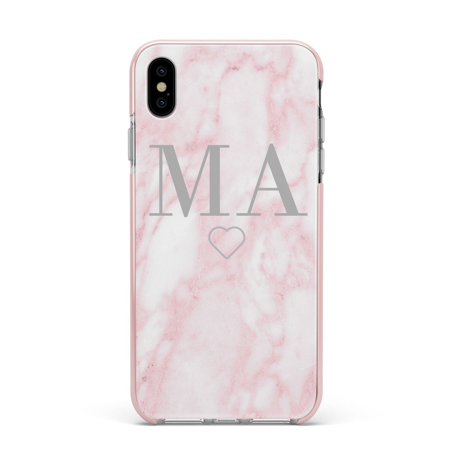 Personalised Blush Marble Initials Apple iPhone Xs Max Impact Case Pink Edge on Silver Phone