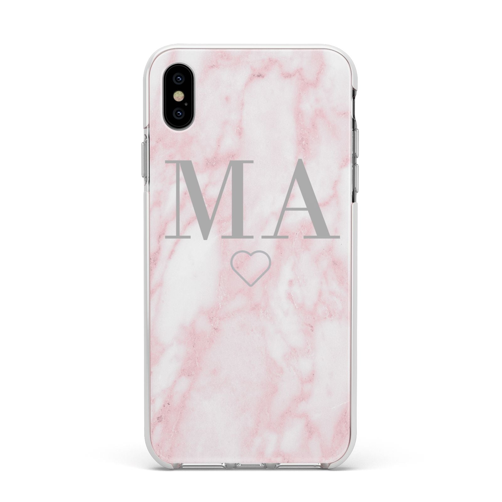 Personalised Blush Marble Initials Apple iPhone Xs Max Impact Case White Edge on Silver Phone