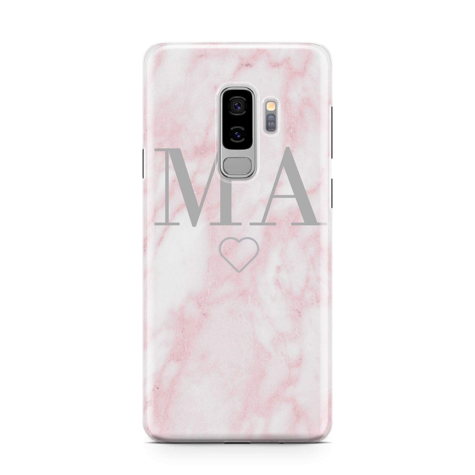 Personalised Blush Marble Initials Samsung Galaxy S9 Plus Case on Silver phone