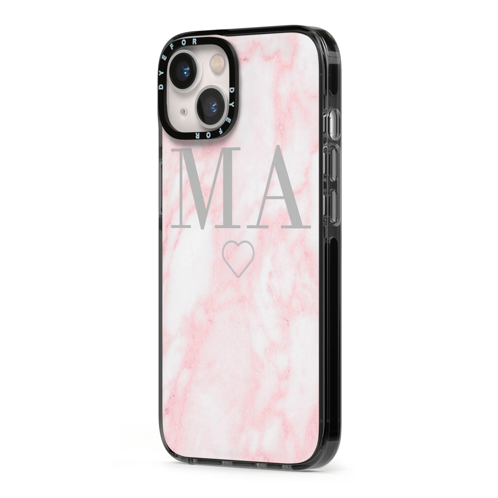 Personalised Blush Marble Initials iPhone 13 Black Impact Case Side Angle on Silver phone
