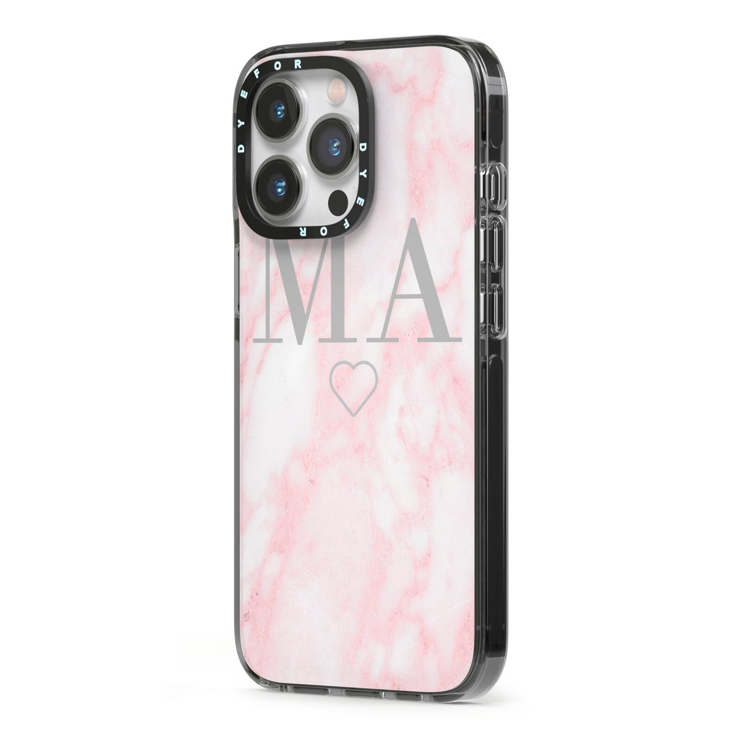 Personalised Blush Marble Initials iPhone 13 Pro Black Impact Case Side Angle on Silver phone