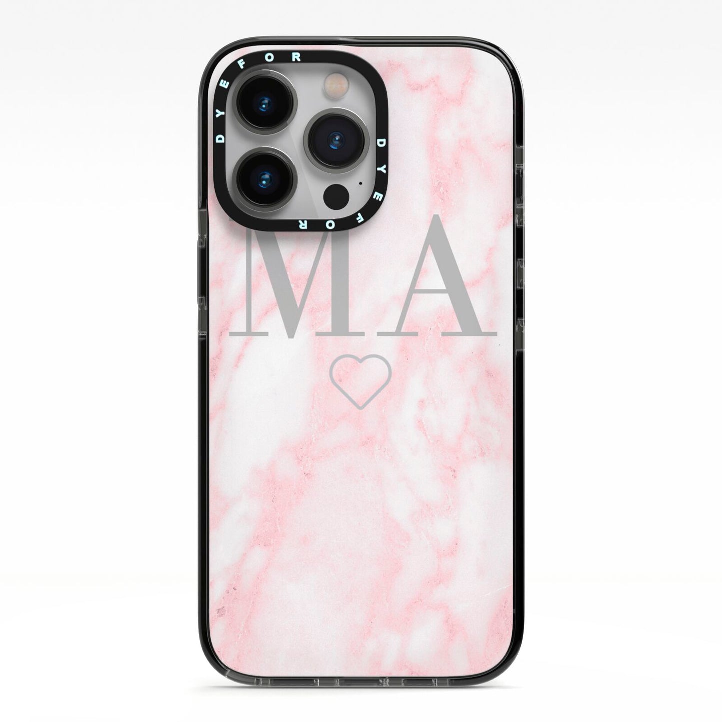 Personalised Blush Marble Initials iPhone 13 Pro Black Impact Case on Silver phone