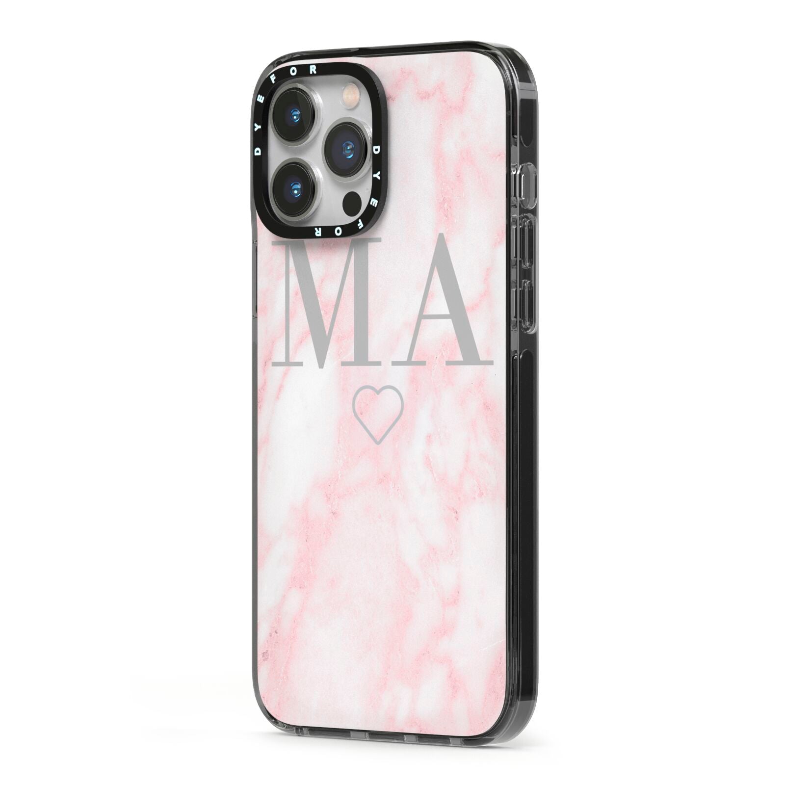 Personalised Blush Marble Initials iPhone 13 Pro Max Black Impact Case Side Angle on Silver phone