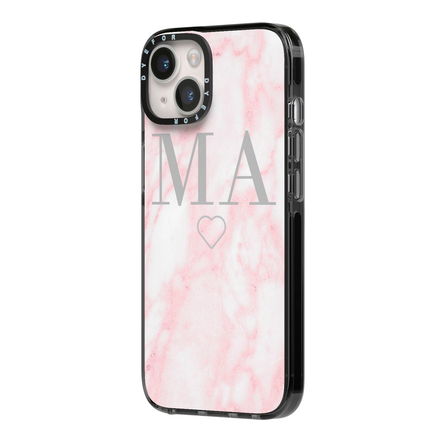 Personalised Blush Marble Initials iPhone 14 Black Impact Case Side Angle on Silver phone