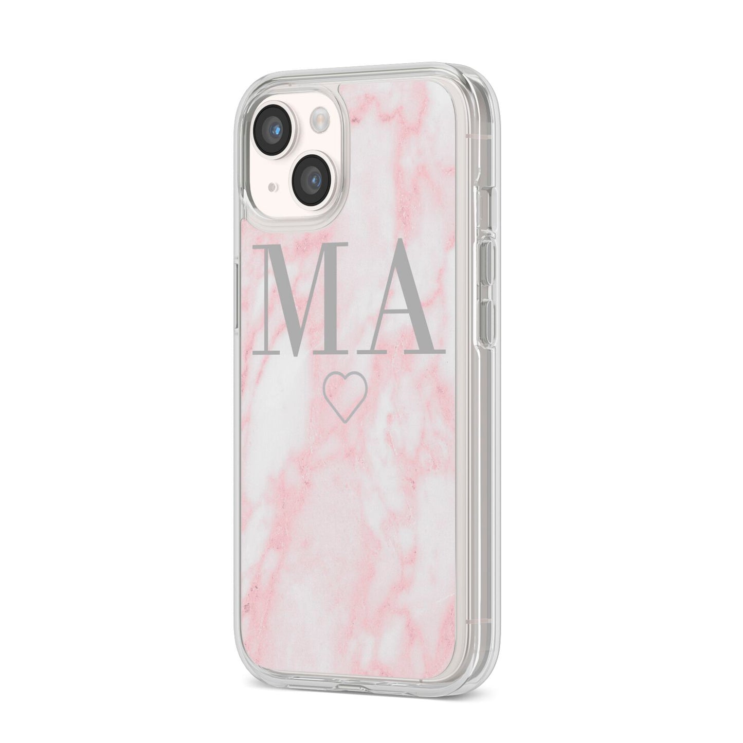 Personalised Blush Marble Initials iPhone 14 Clear Tough Case Starlight Angled Image