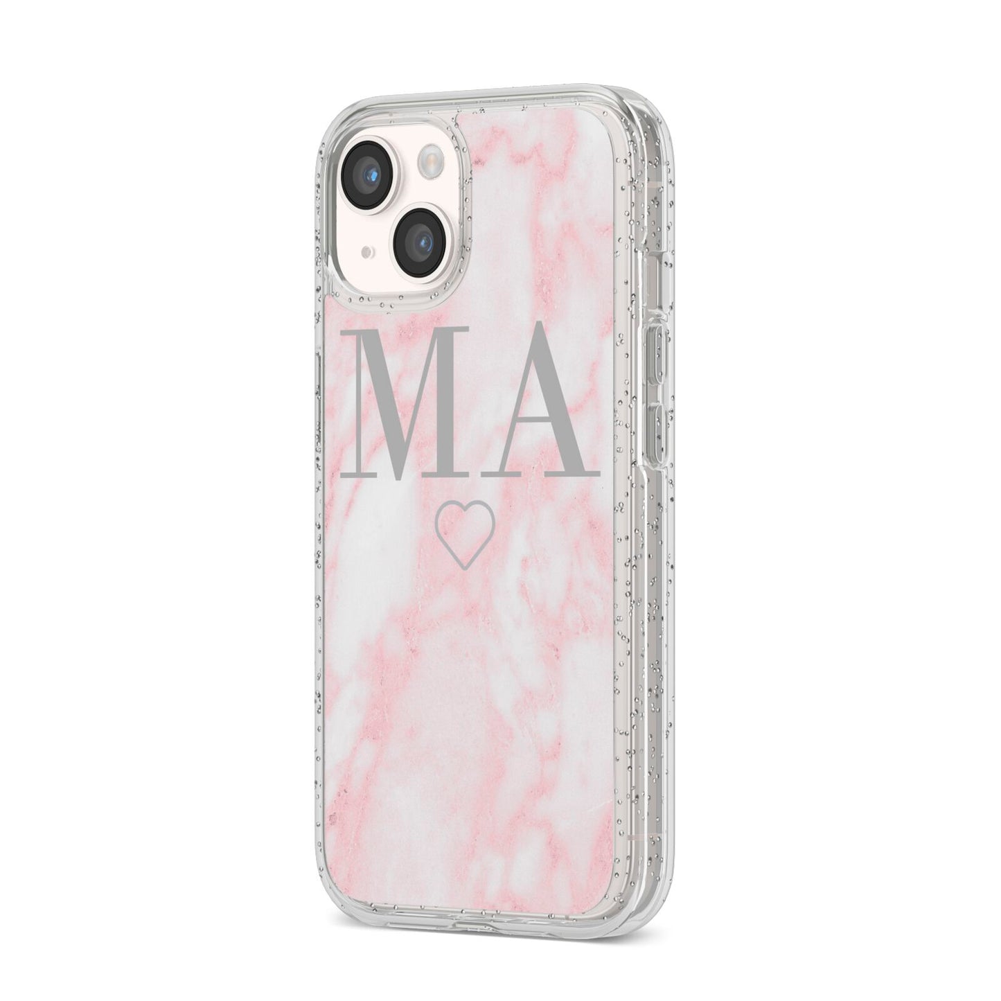 Personalised Blush Marble Initials iPhone 14 Glitter Tough Case Starlight Angled Image