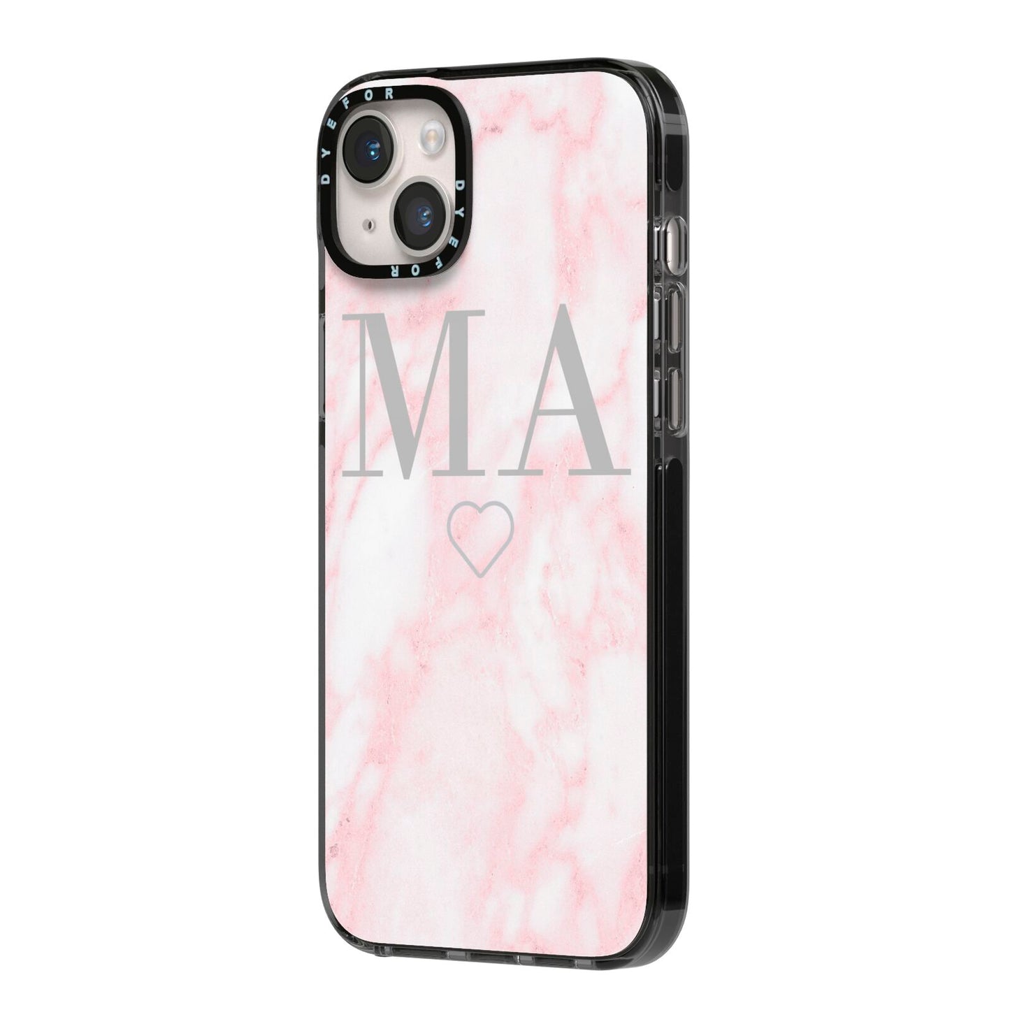 Personalised Blush Marble Initials iPhone 14 Plus Black Impact Case Side Angle on Silver phone