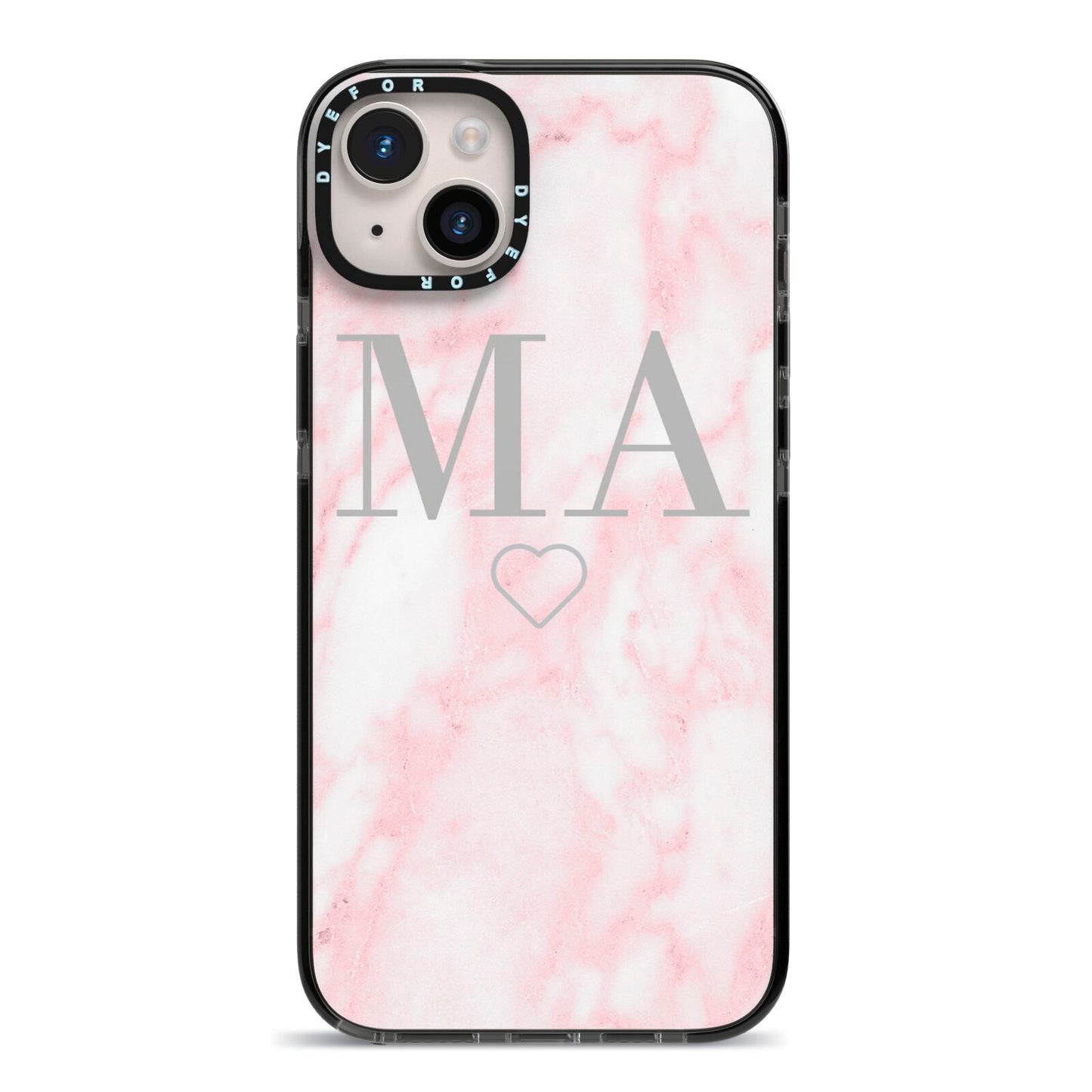 Personalised Blush Marble Initials iPhone 14 Plus Black Impact Case on Silver phone