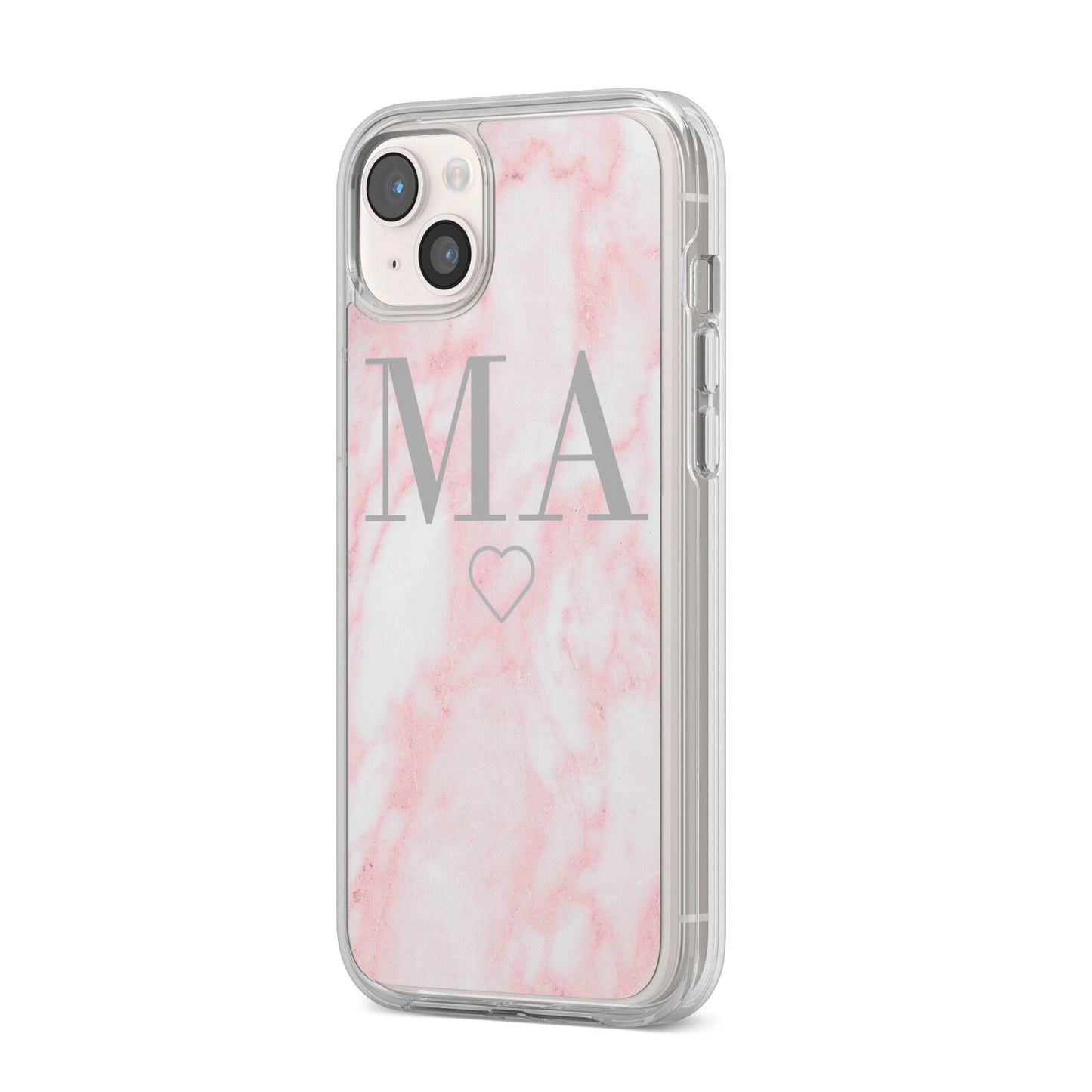 Personalised Blush Marble Initials iPhone 14 Plus Clear Tough Case Starlight Angled Image