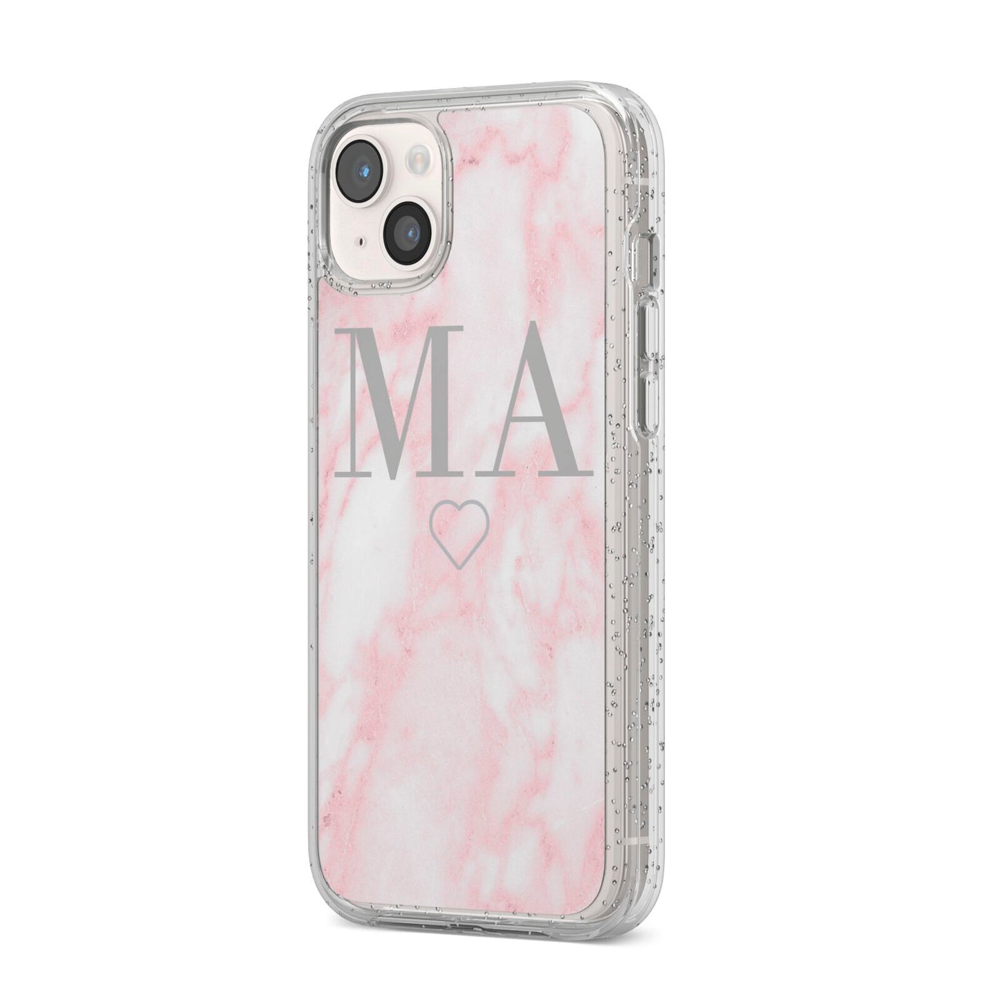 Personalised Blush Marble Initials iPhone 14 Plus Glitter Tough Case Starlight Angled Image