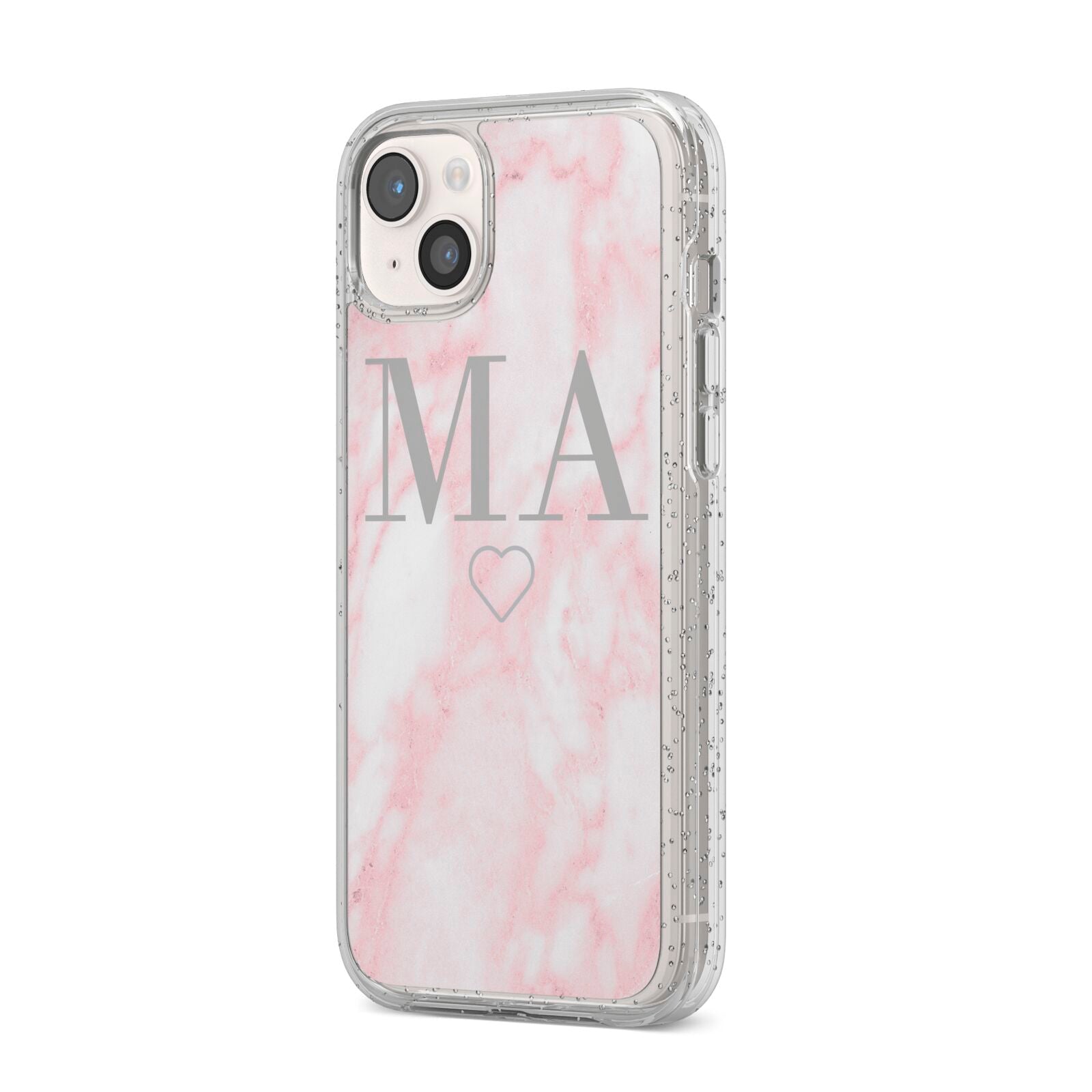 Personalised Blush Marble Initials iPhone 14 Plus Glitter Tough Case Starlight Angled Image