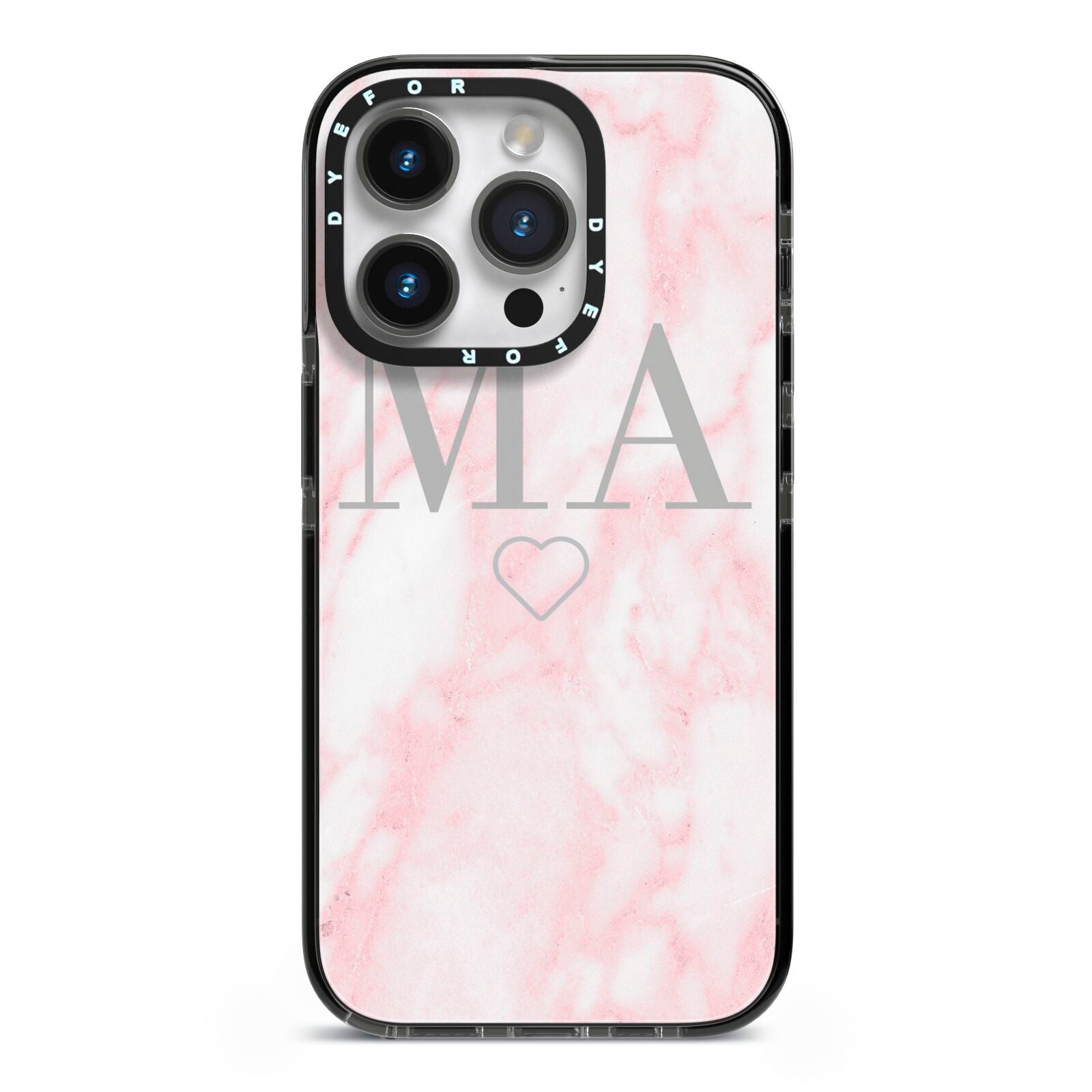 Personalised Blush Marble Initials iPhone 14 Pro Black Impact Case on Silver phone